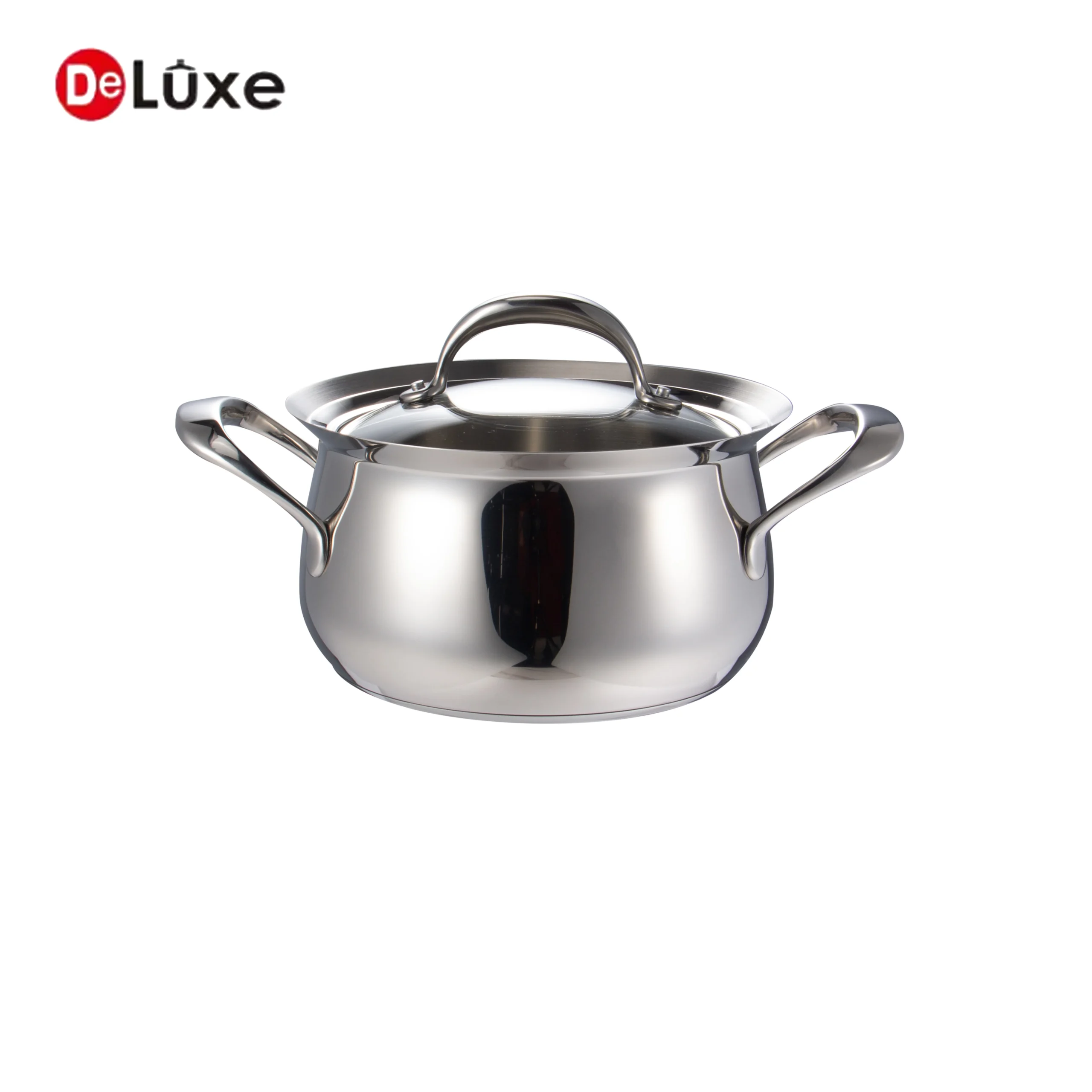 Belly shaped deep stainless steel stockpot with double silver cast steel handles and matching stainless lid