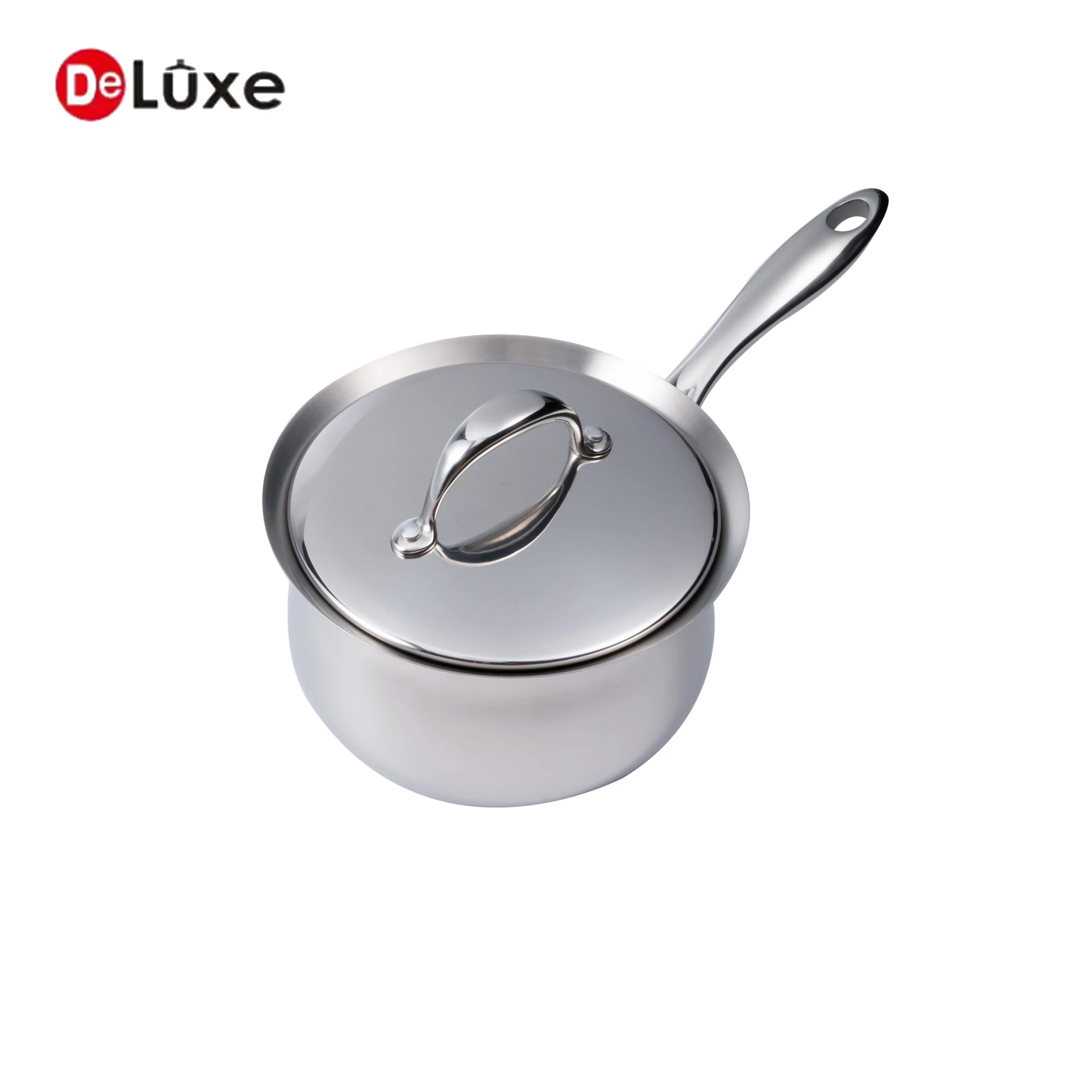 Mini belly shaped saucepan with single silver cast steel handle and matching stainless steel lid