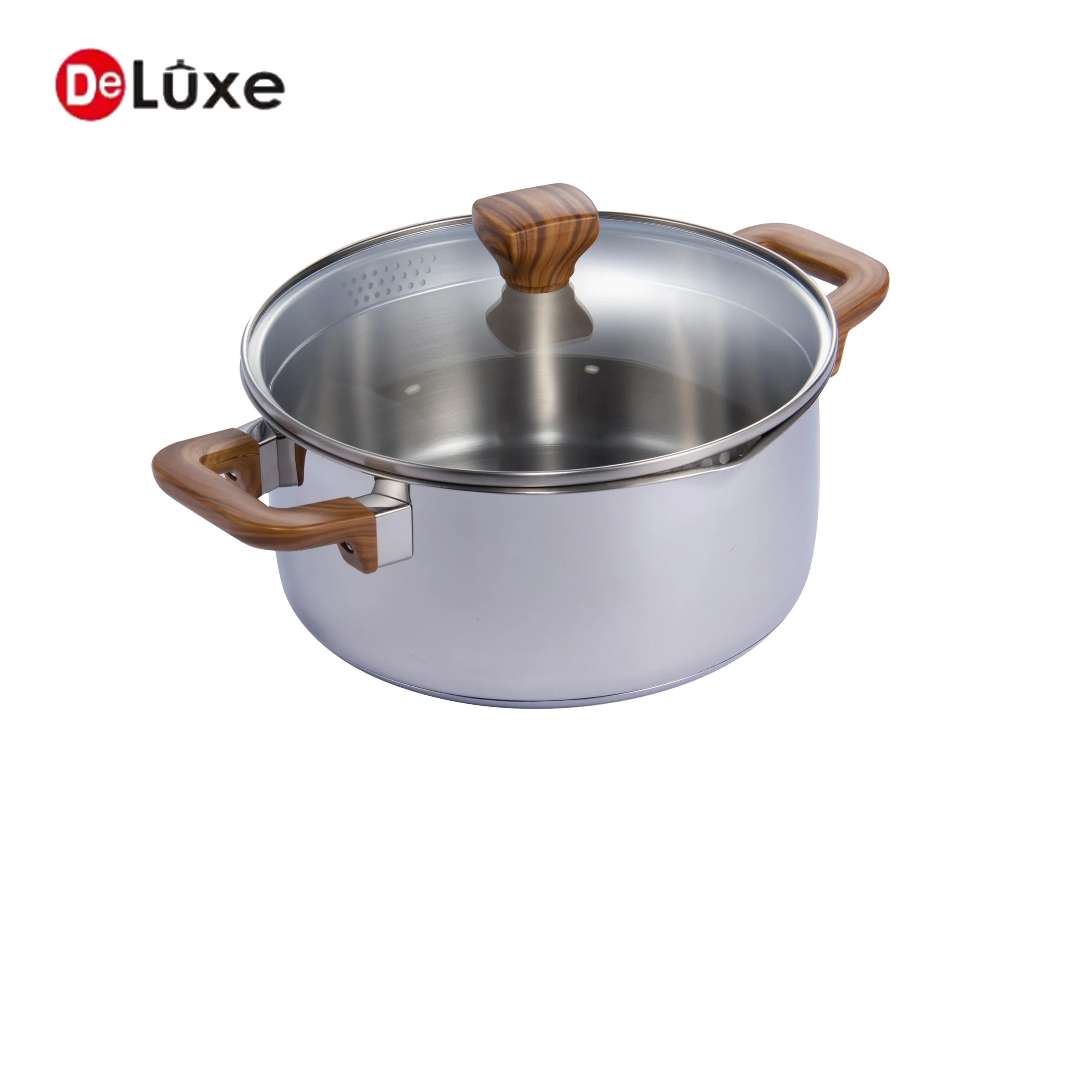 Silver 304 stainless steel stockpot with elegant wood effect side handles for home cooking