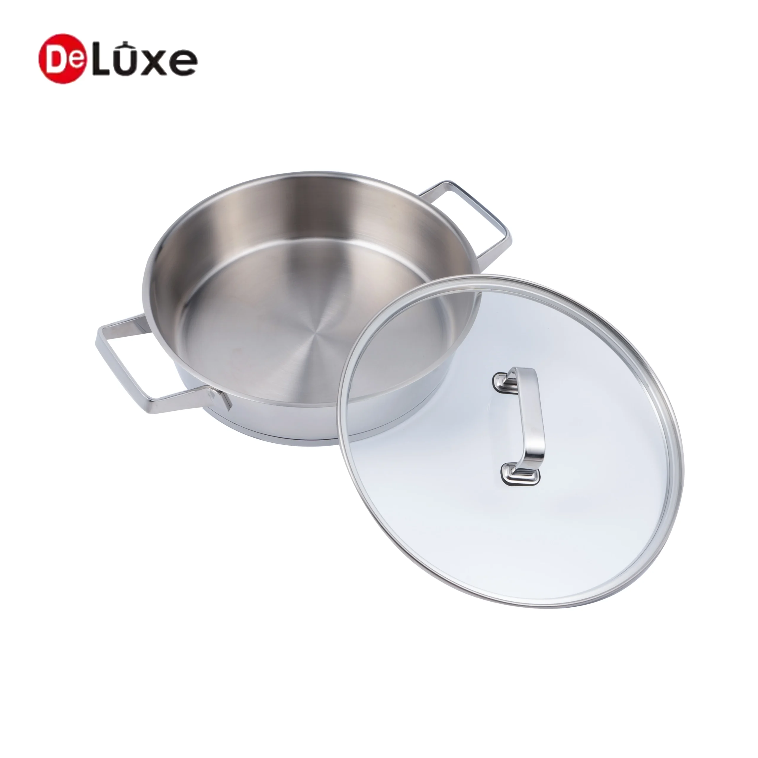Deluxe slightly tilted stainless steel braiser with glass lid, suitable for gas & induction cooktops ,OEM/ODM custom solutions available