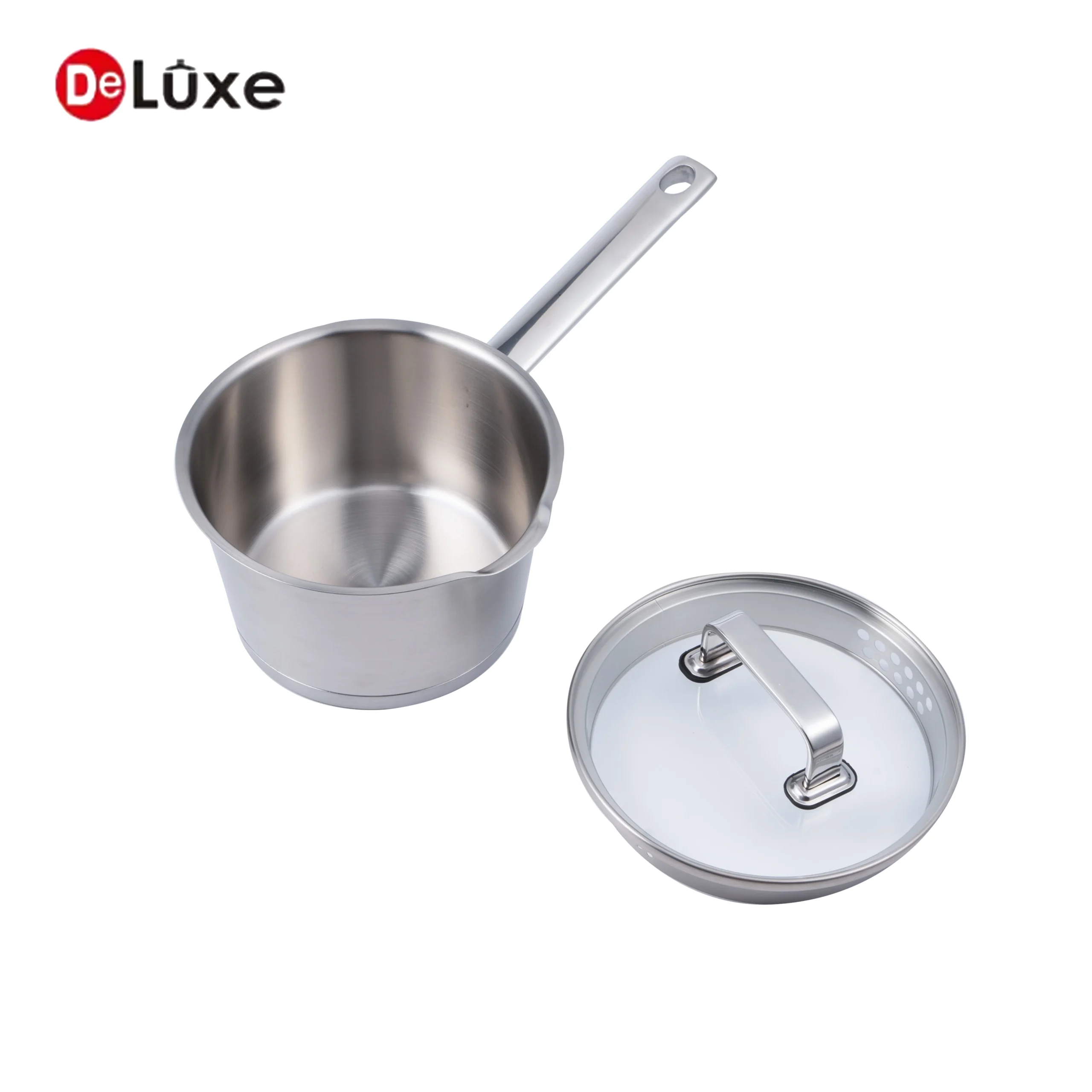 Deluxe slightly tilted stainless steel saucepan with glass lid, OEM/ODM custom solutions available