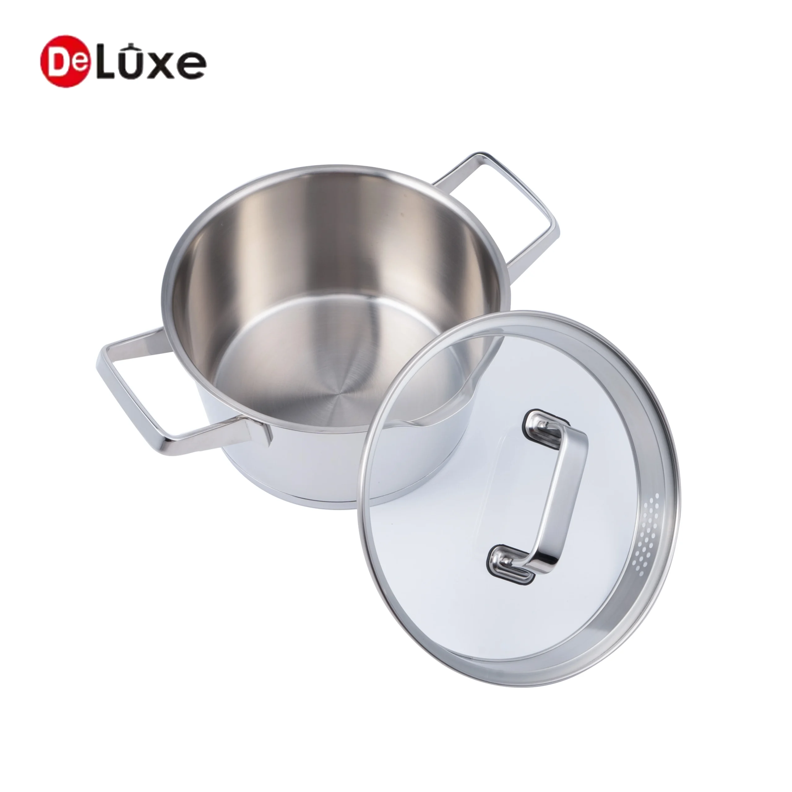 Deluxe slightly tilted stainless steel stock pot with glass lid, suitable for gas & induction cooktop, OEM/ODM custom solutions available
