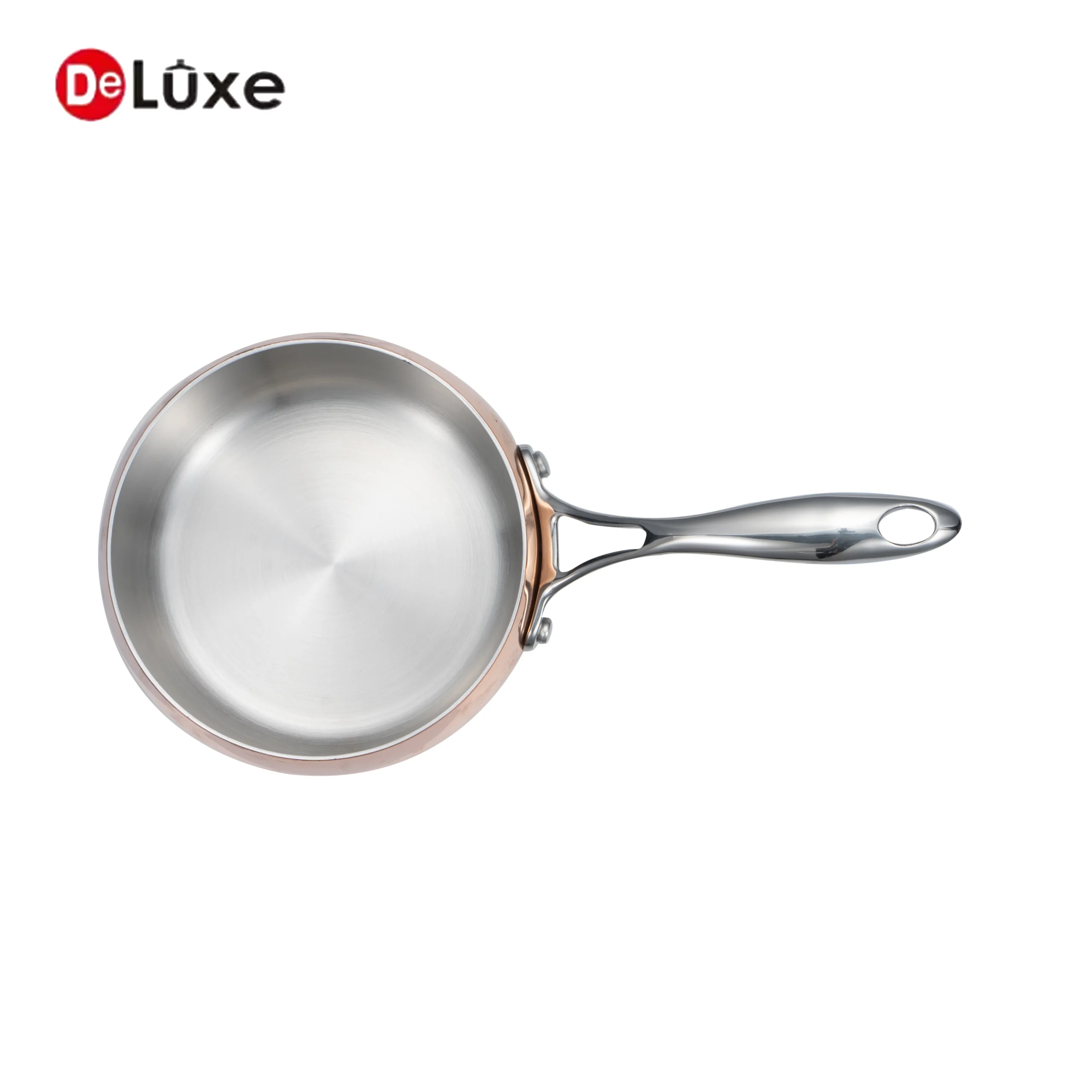 Open composite copper single handle apple saucepan without lid, flat stainless cooking interior