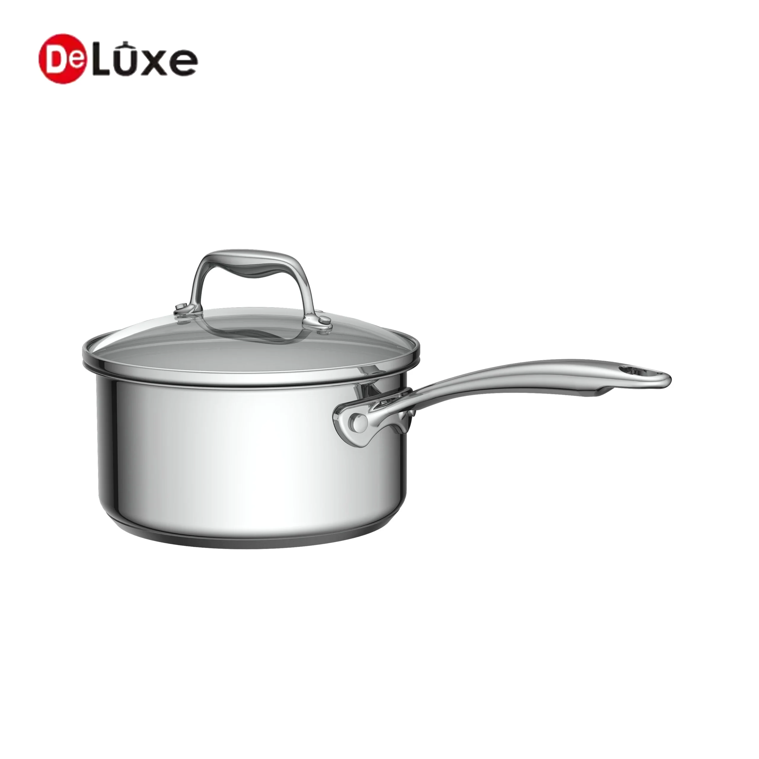 Deluxe SS304 aluminum saucepan with glass lid and long handle, suitable for gas and induction cooktops