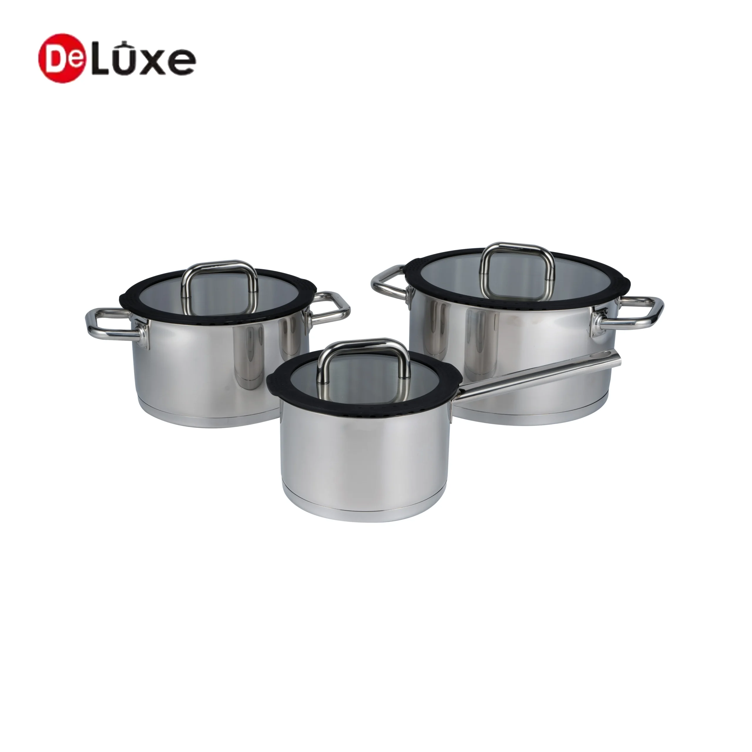 Deluxe SS304 stainless steel cookware set with silicone glass lids, saucepan and double handle pots
