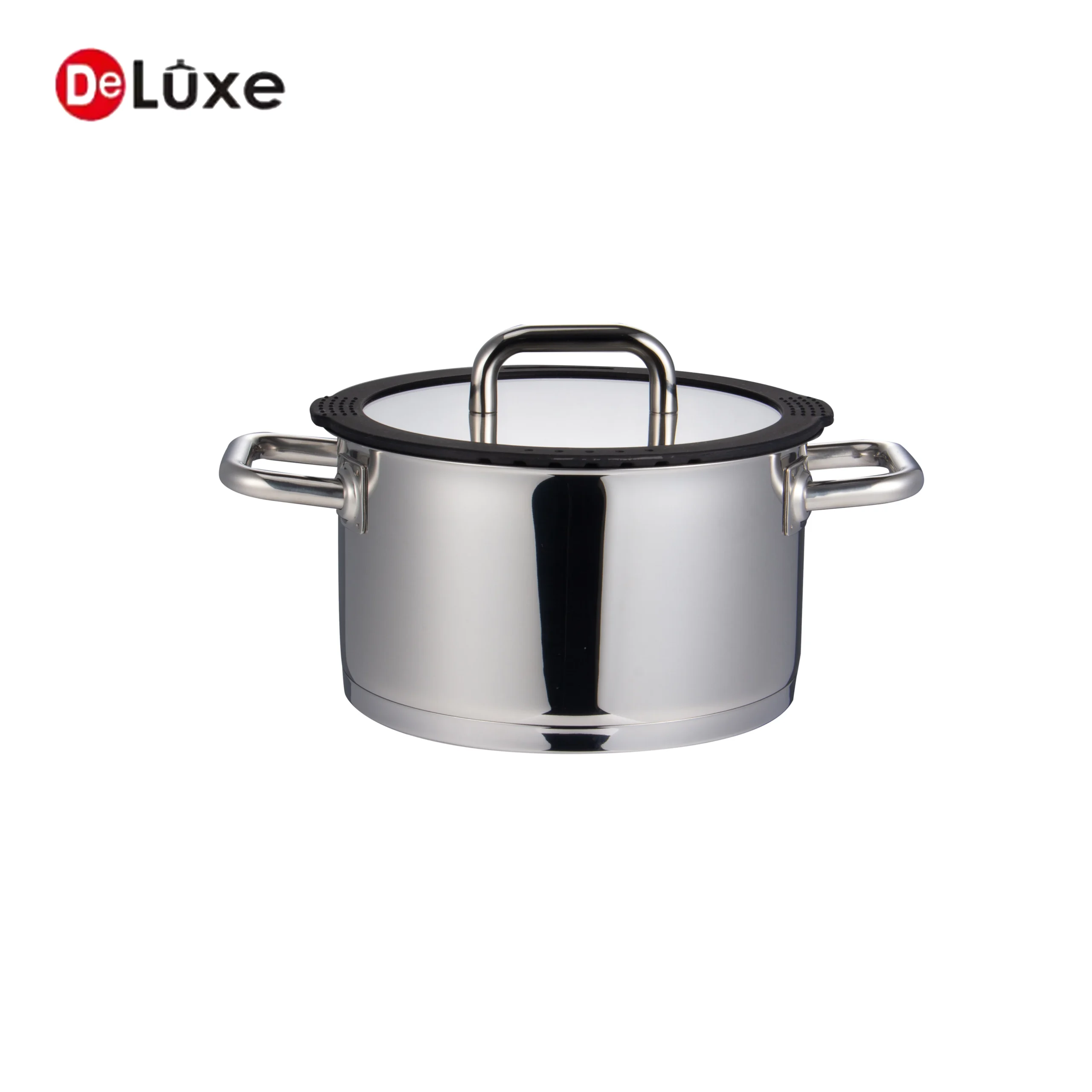 Deluxe SS304 stainless steel double handle pot with black silicone glass lid and round tube handles