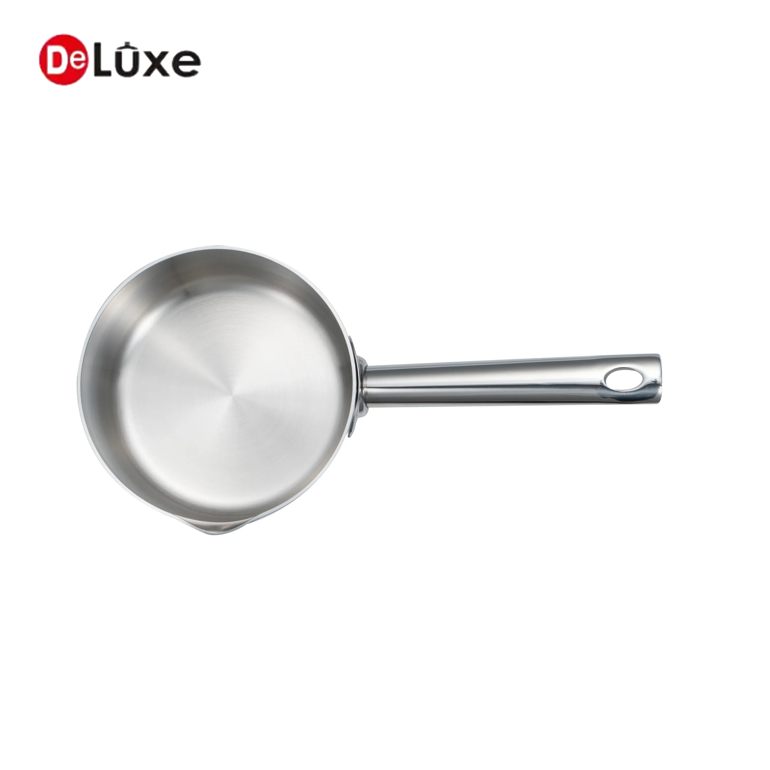 Deluxe top view of SS304 stainless steel milk saucepan with long handle for heating and cooking