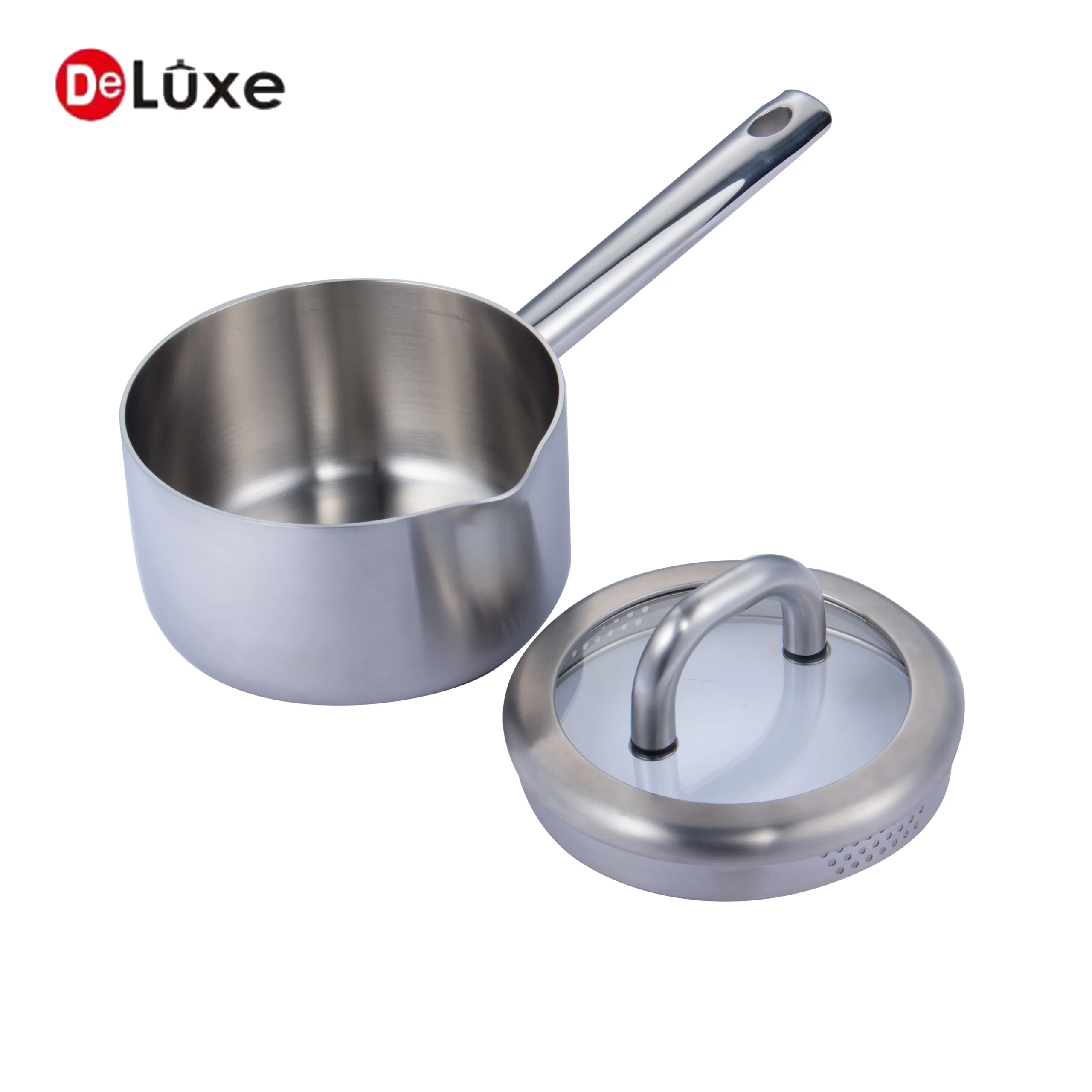 Deluxe SS304 stainless steel saucepan with glass lid and long handle for gas and induction cooking