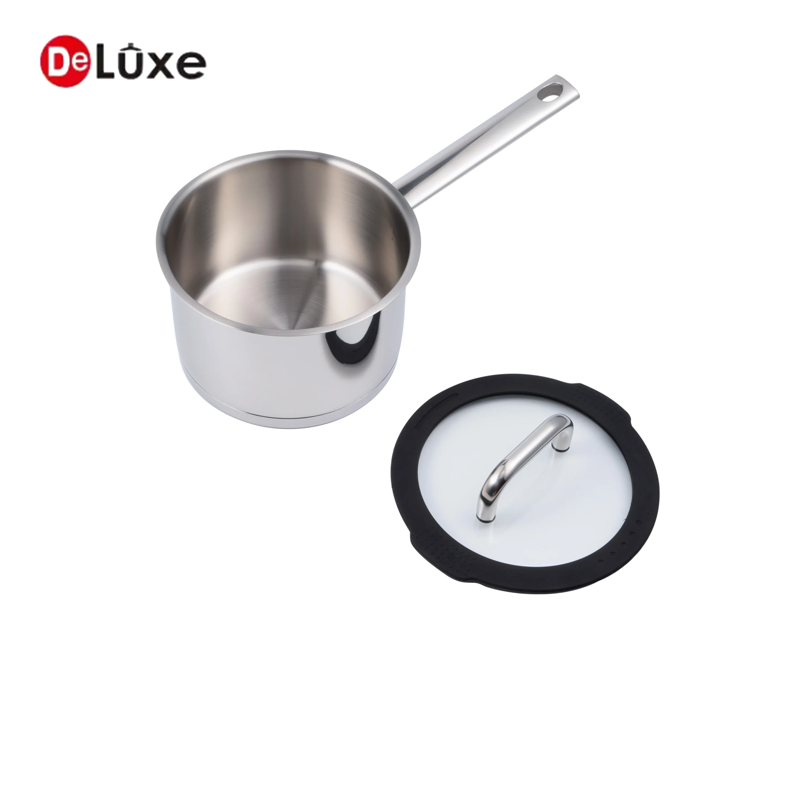 Deluxe SS304 stainless steel saucepan with black silicone glass lid and long handle