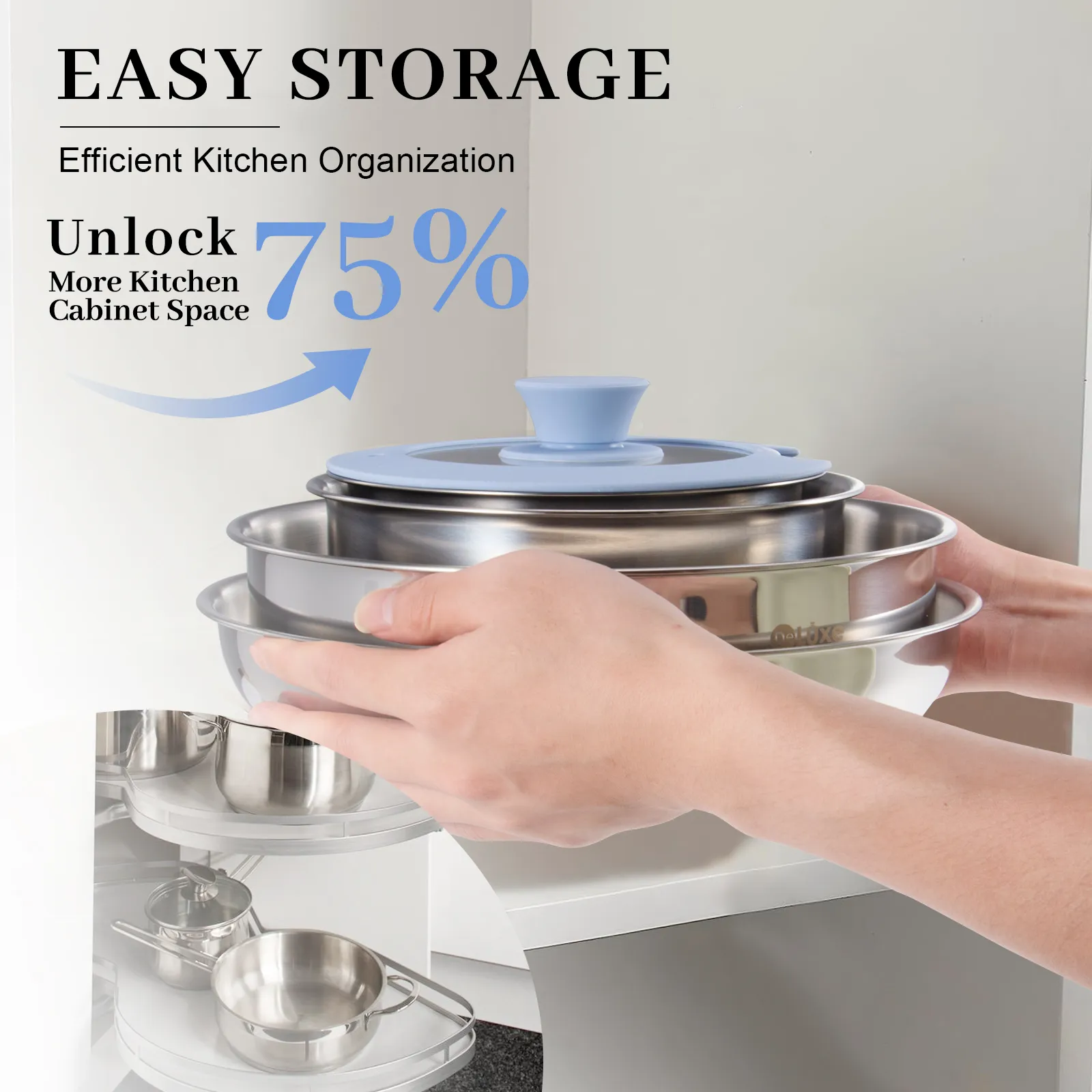 DeLuxe removable handle stackable pots saving 75% kitchen cabinet storage space lifestyle picture