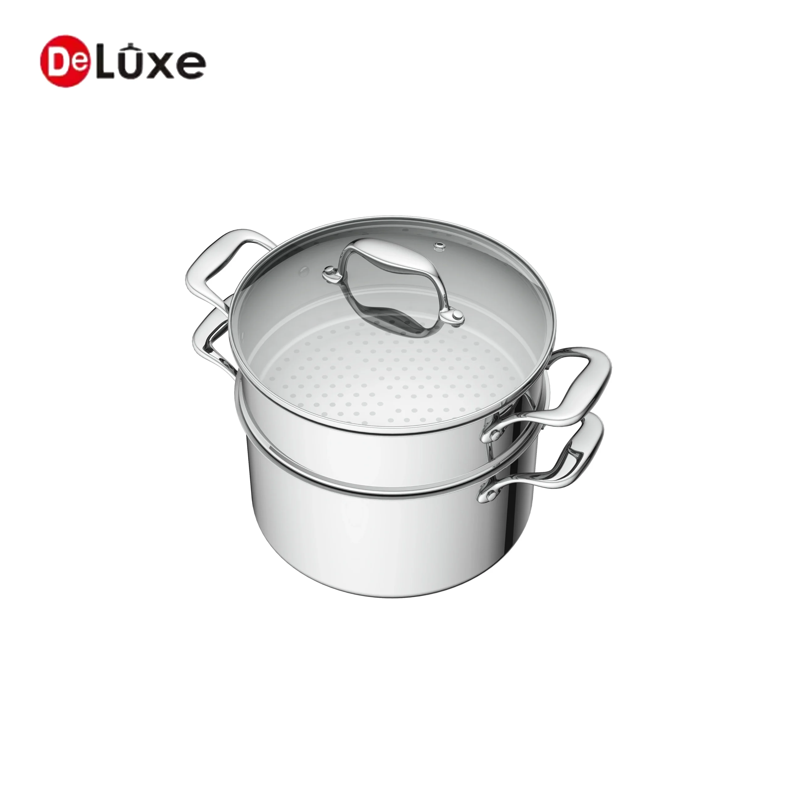 Deluxe stackable stock pot and steamer with glass lid, SS304 aluminum cookware for gas and induction cooktops