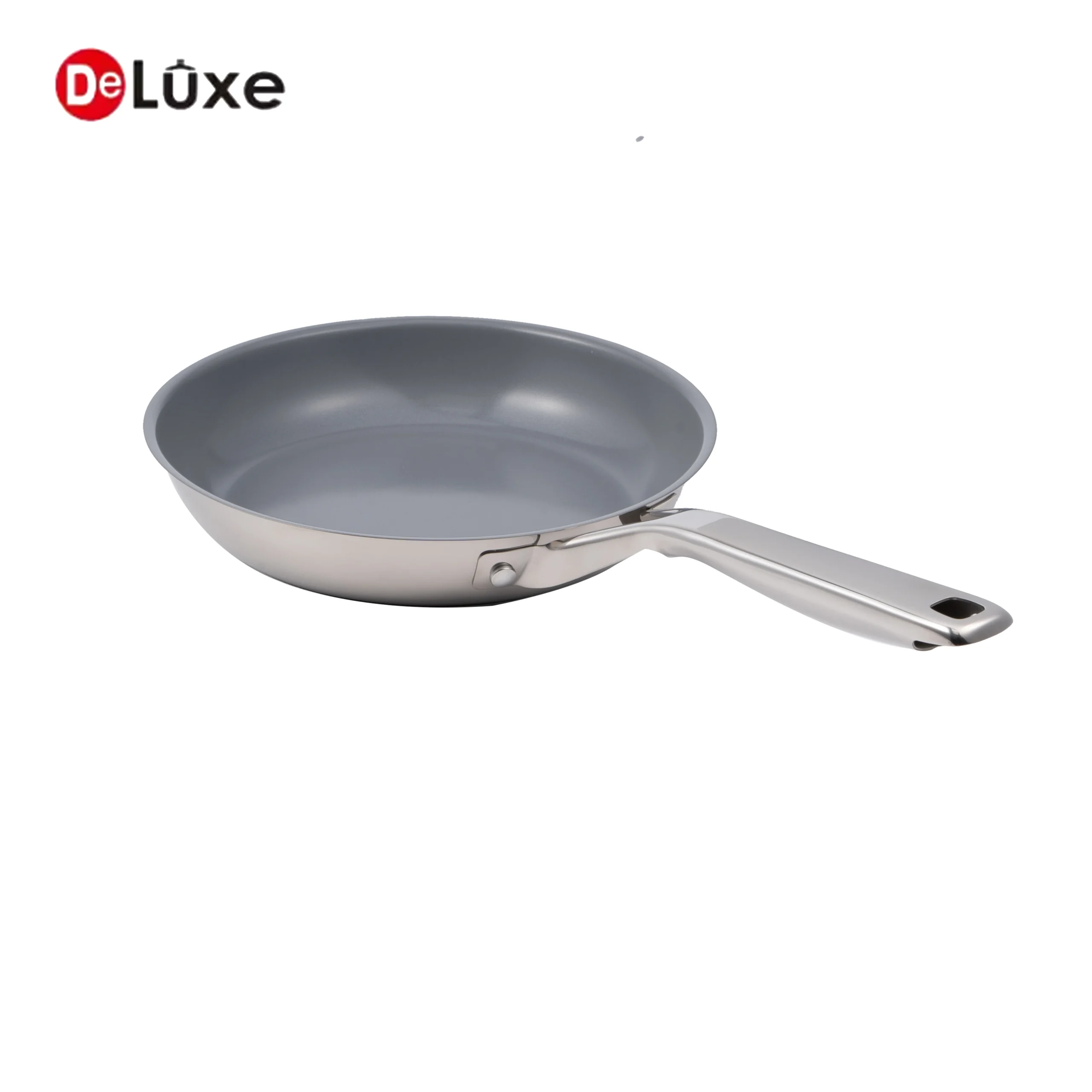 Deluxe ceramic coated frying pan, light gray non-stick interior, stainless steel handle