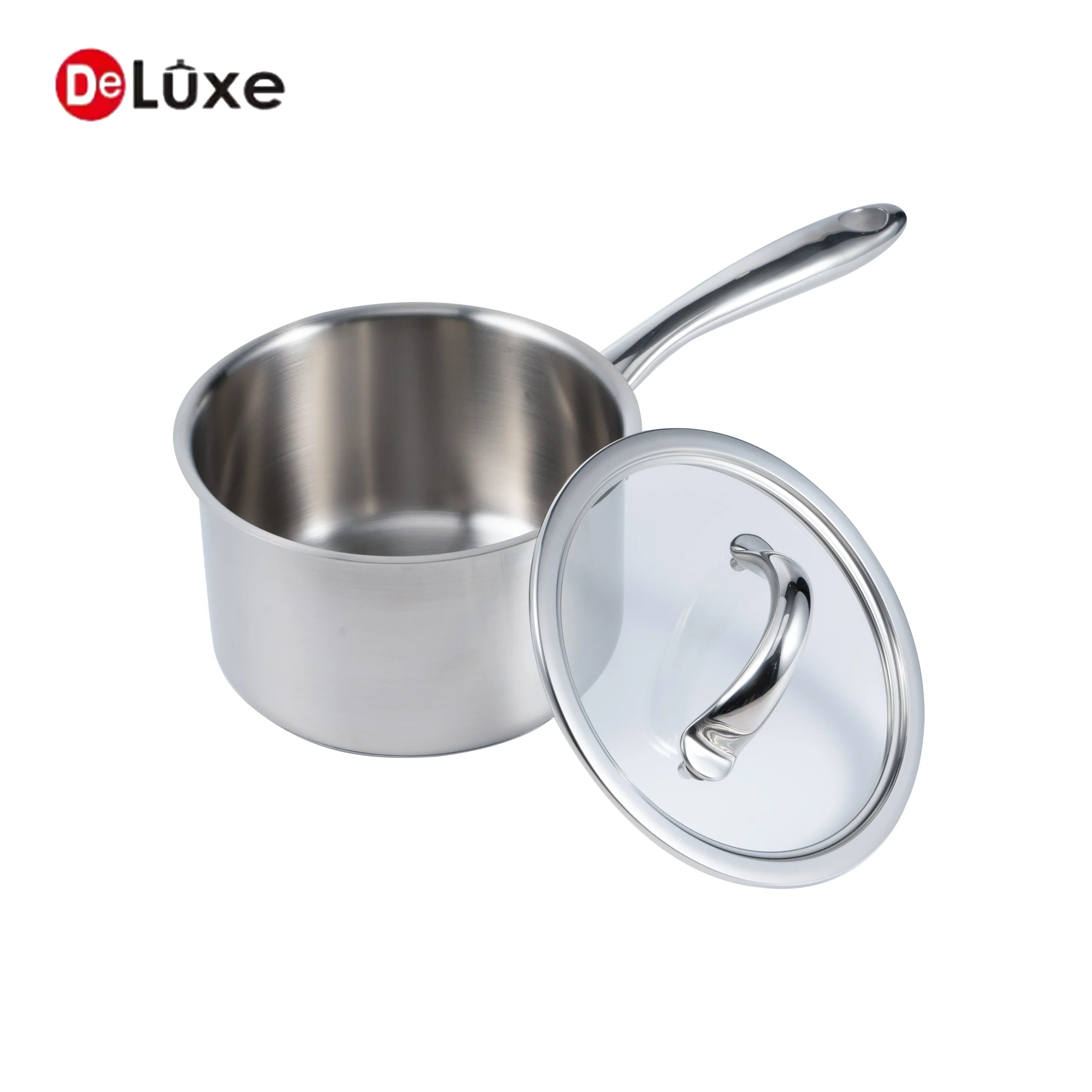 Deluxe silver 304 stainless steel milk saucepan with glass lid aside