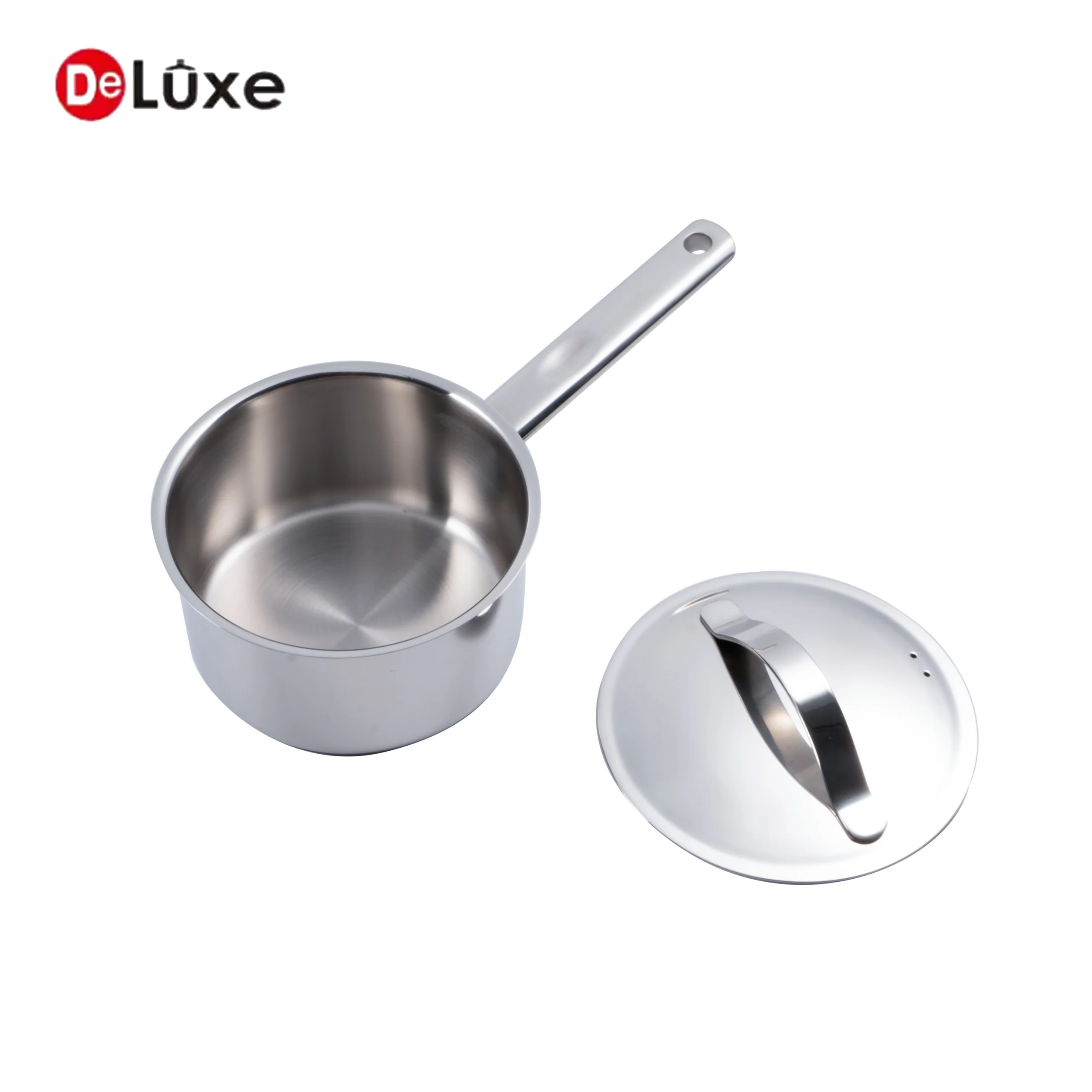 Side view of Deluxe 304 stainless steel saucepan with cast stainless steel handle, stainless steel lid, induction compatible daily cooking pot
