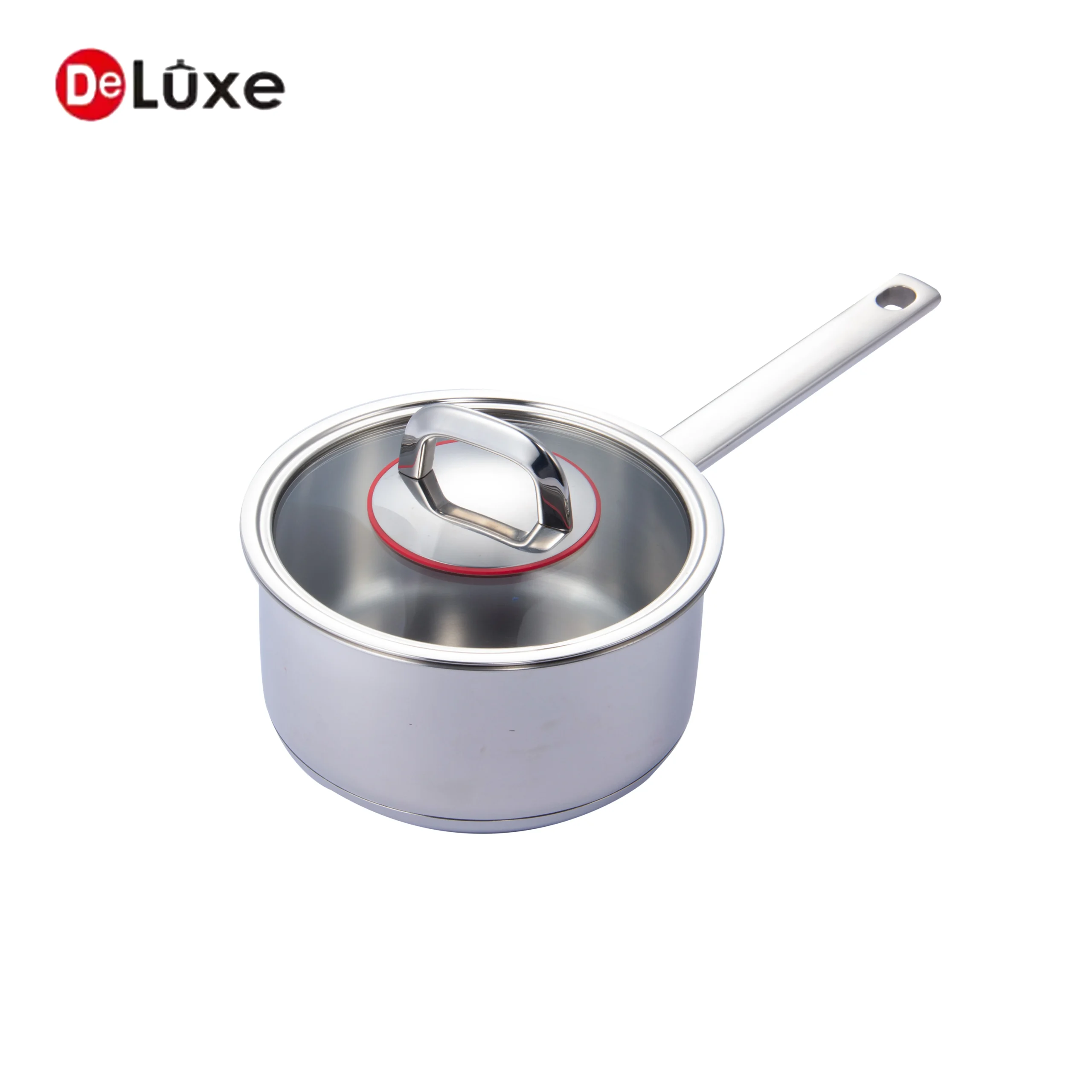 Stainless steel single handle saucepan with glass lid and red silicone sealing ring