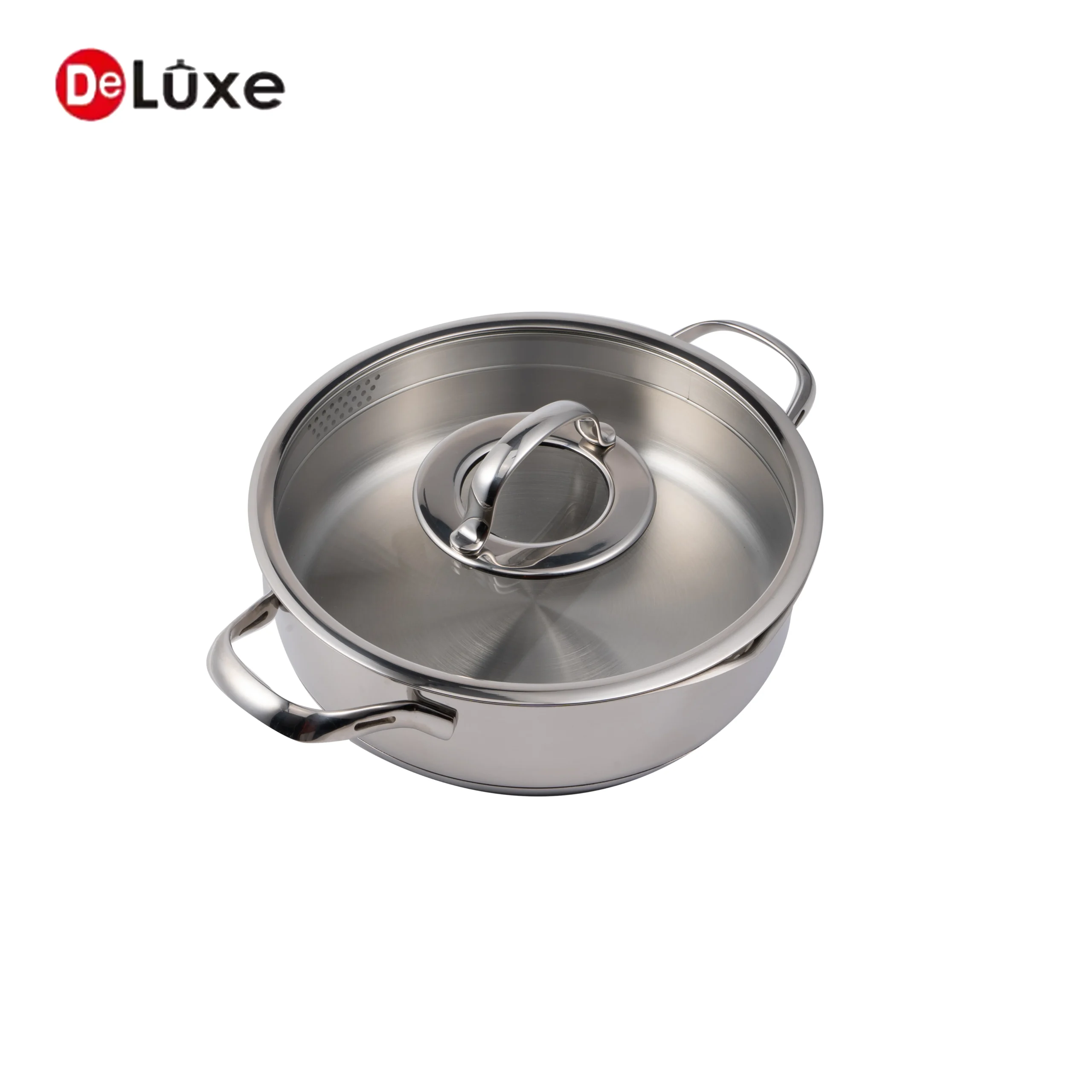 304 stainless steel shallow casserole pot with glass lid, double riveted handles