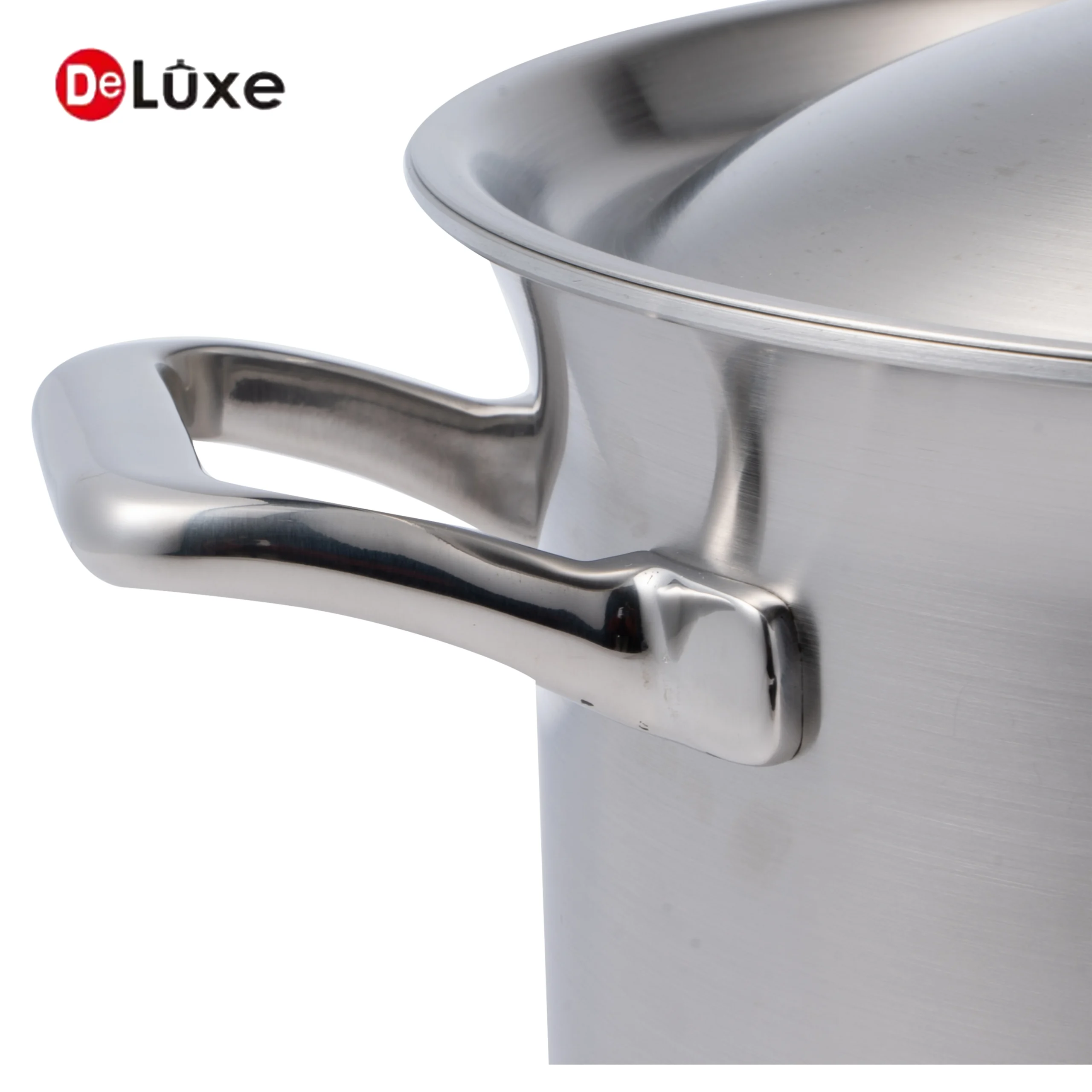 Deluxe close-up of durable cast steel handle on Admiration stainless steel cookware