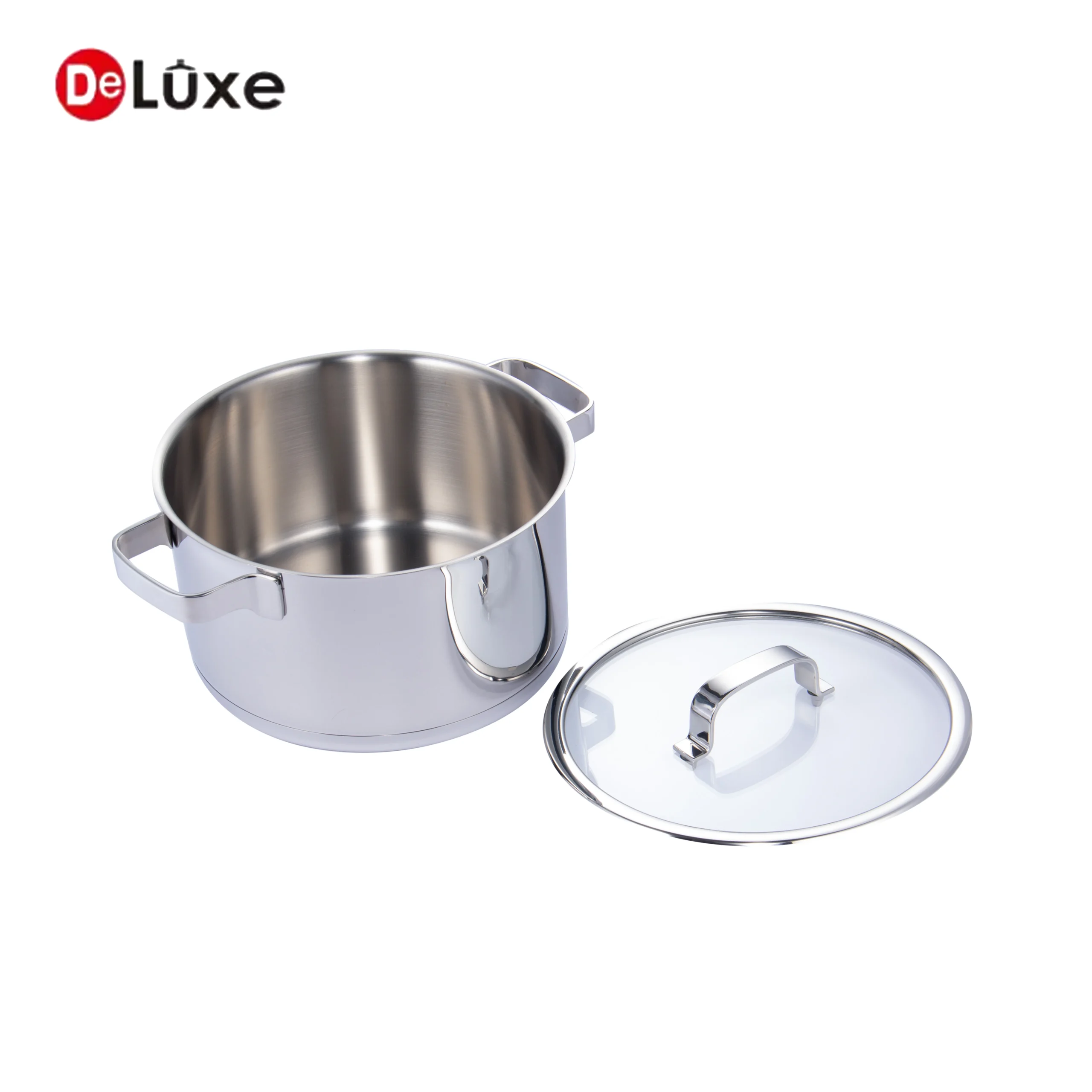 Deluxe stainless steel cookware pot with removable glass lid and polished silver finish