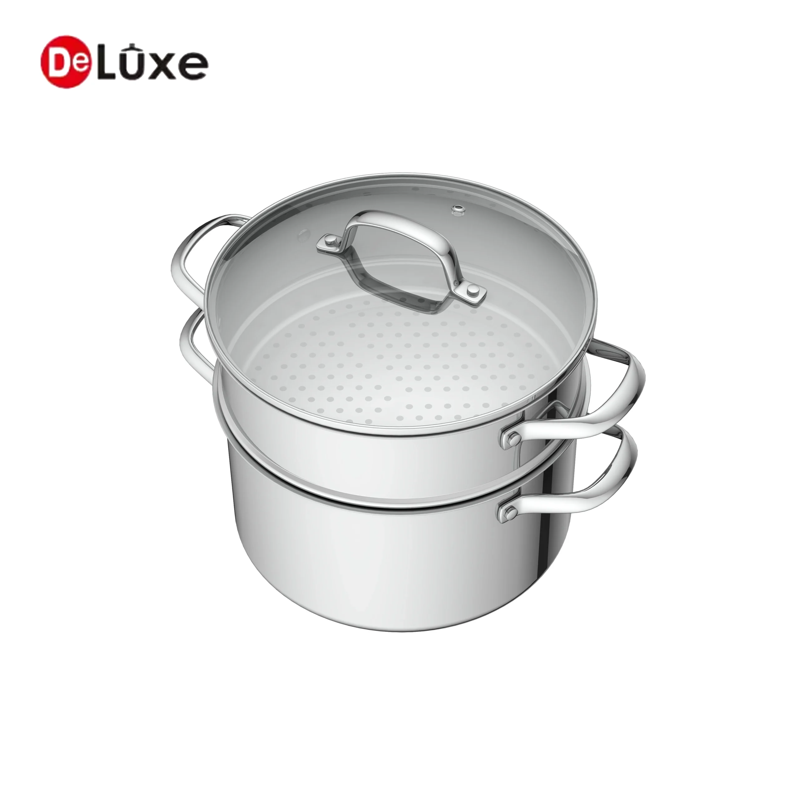 Deluxe stainless steel cookware pot with steamer insert and glass lid