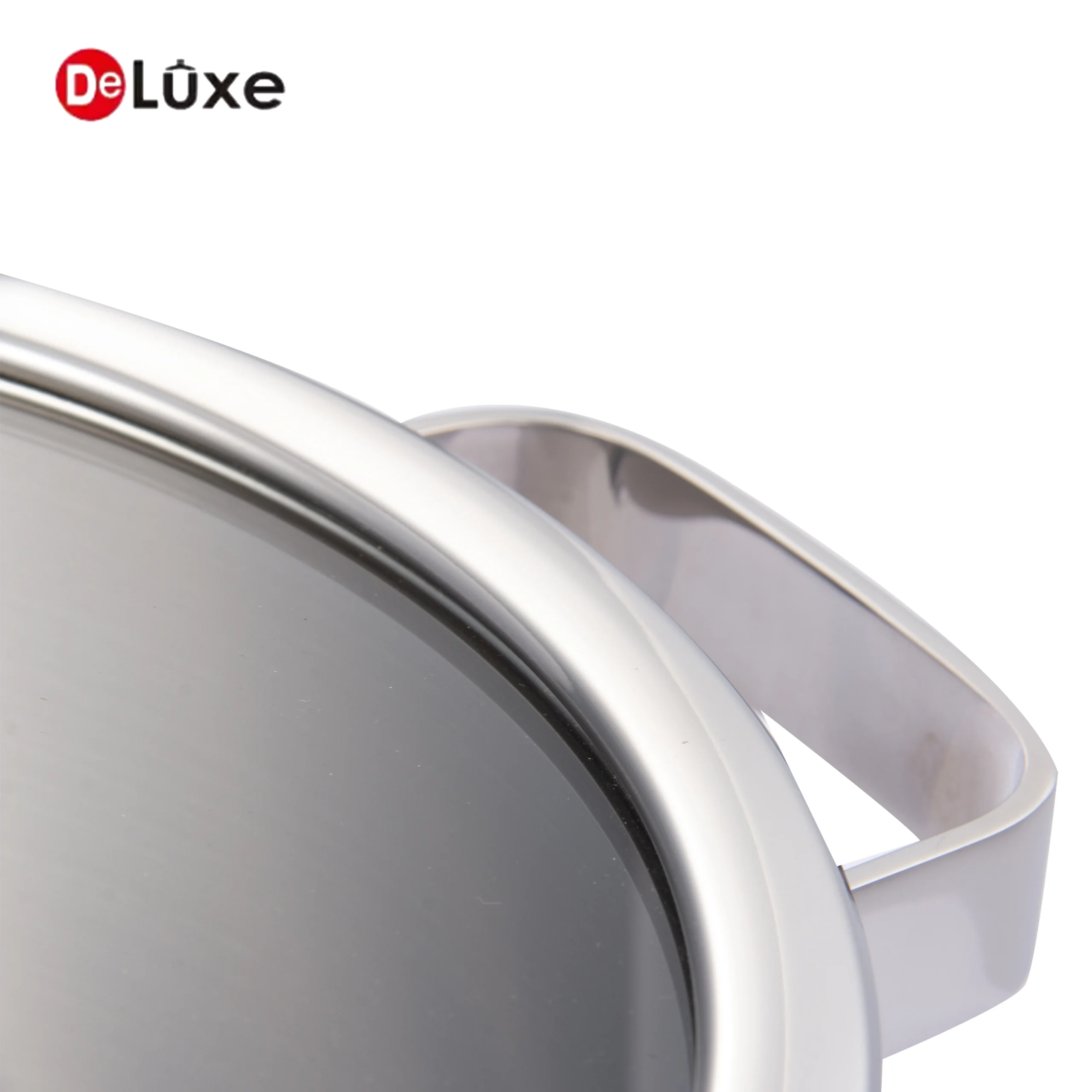 Deluxe detail of stainless steel cookware rim and side handle with polished finish