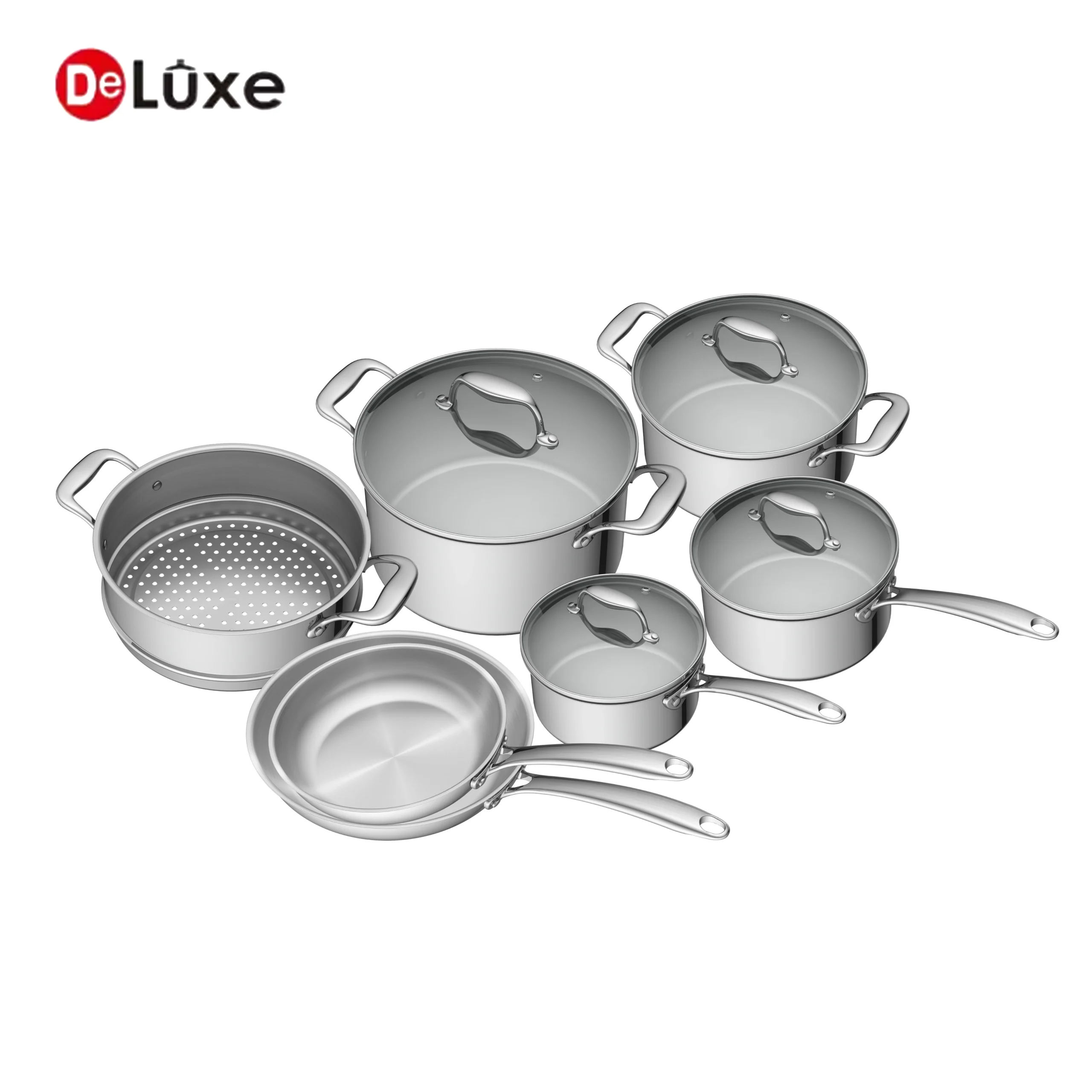 Deluxe stainless steel cookware set for gas and induction cooktops, including pots, steamer and frying pans