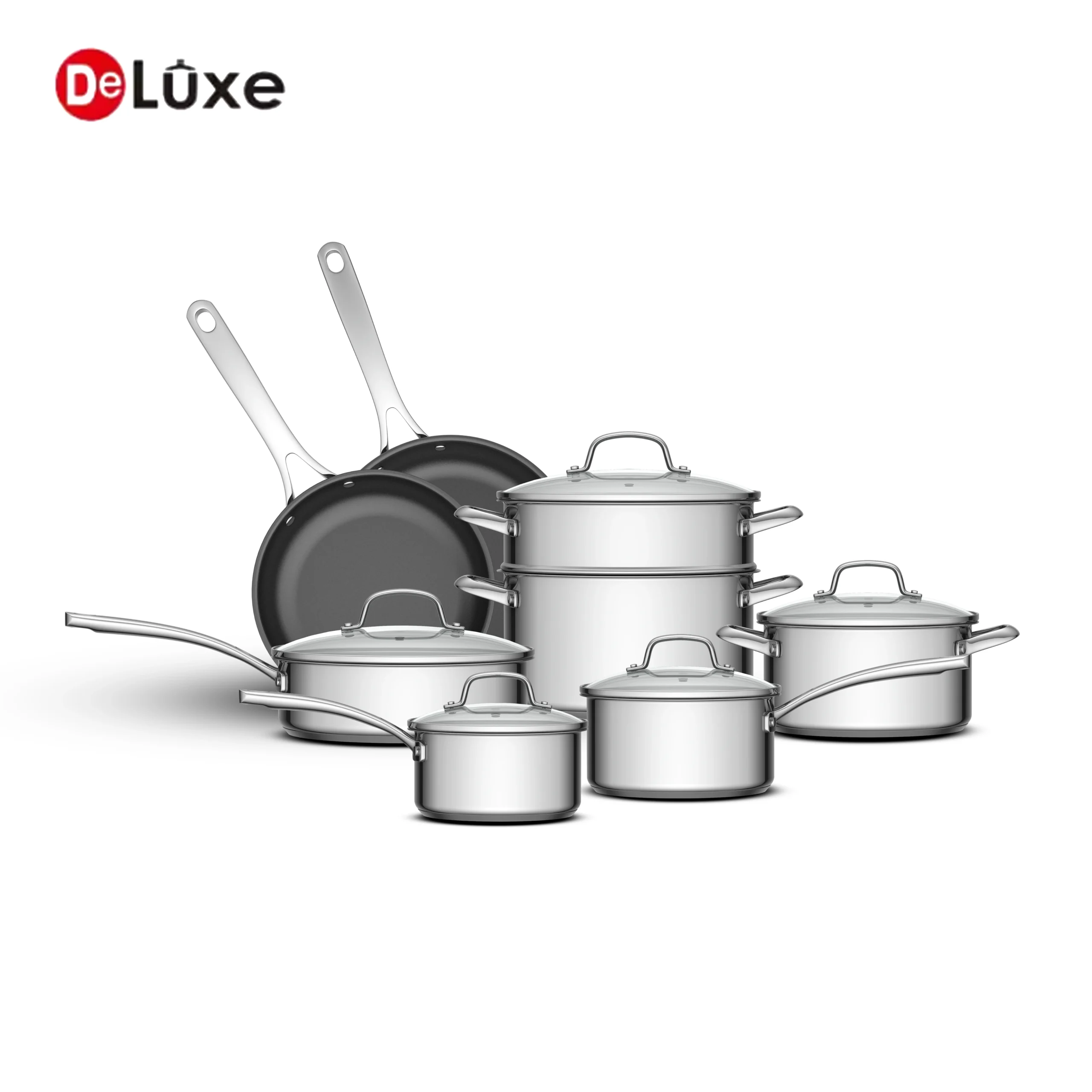 Deluxe stainless steel cookware set with glass lids, steamer basket, saucepans, pots, and ceramic non-stick fry pans