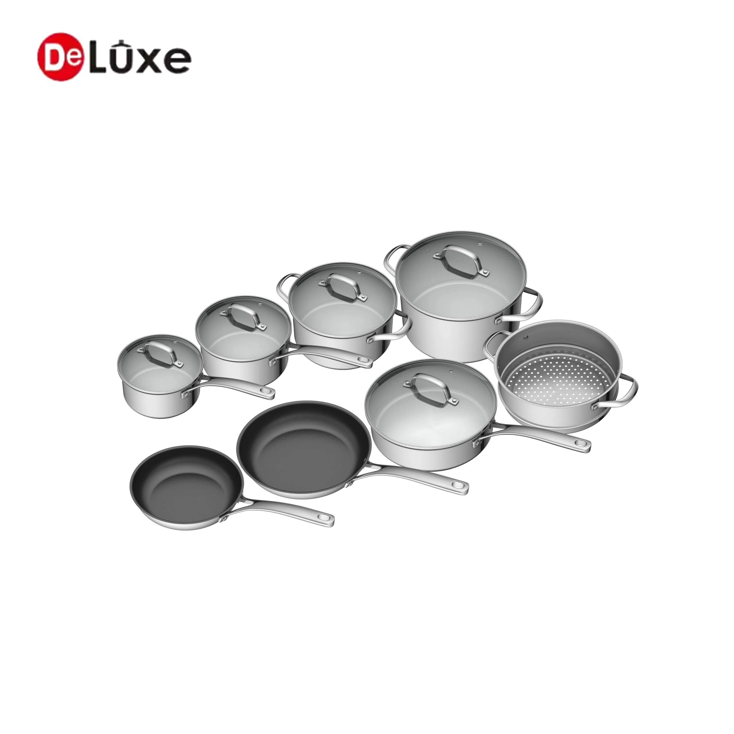 Deluxe stainless steel cookware set with saucepans, pots, steamer, and fry pans