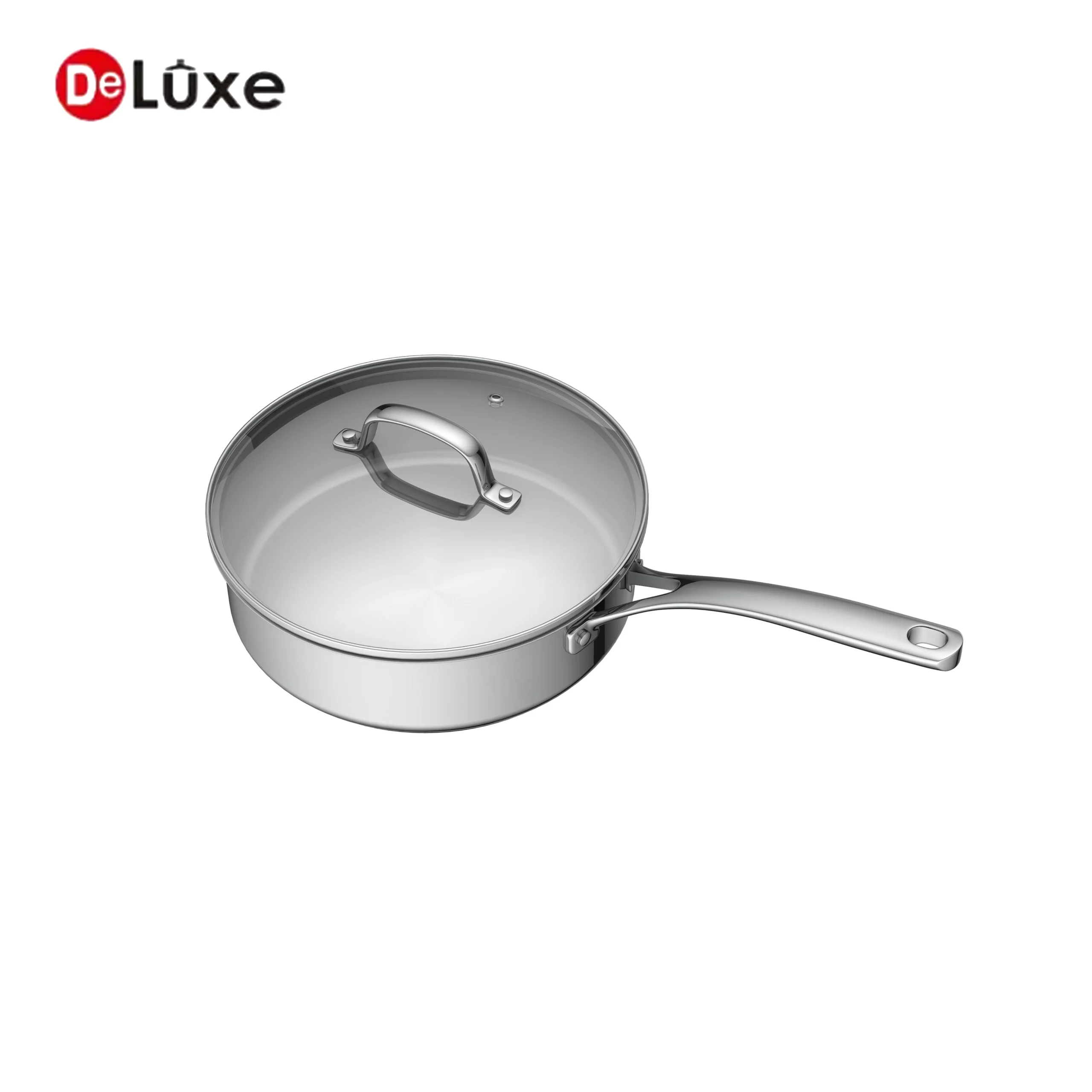 Deluxe stainless steel covered saucepan with long handle and glass lid