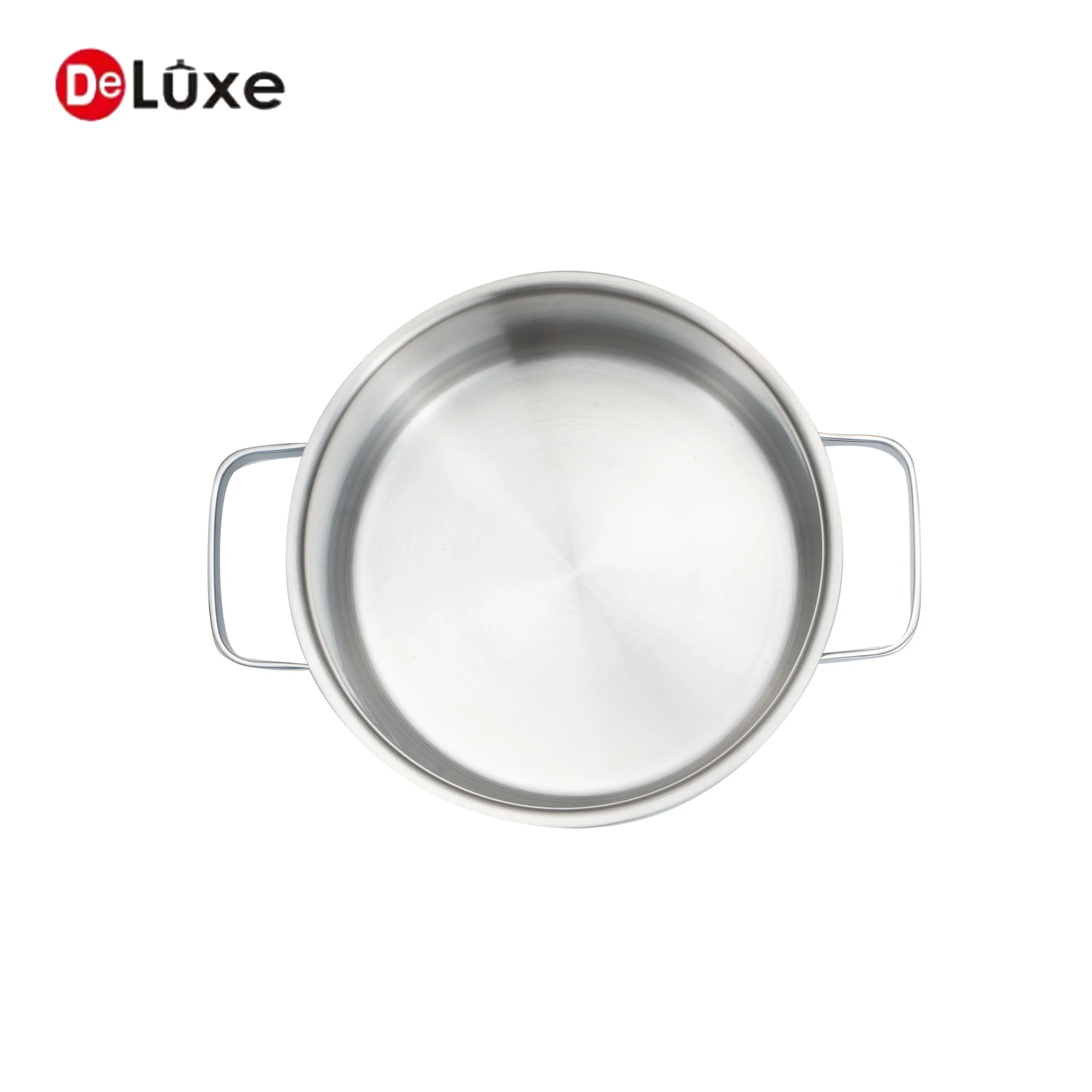 Deluxe top view of stainless steel double handle pot with polished inner base