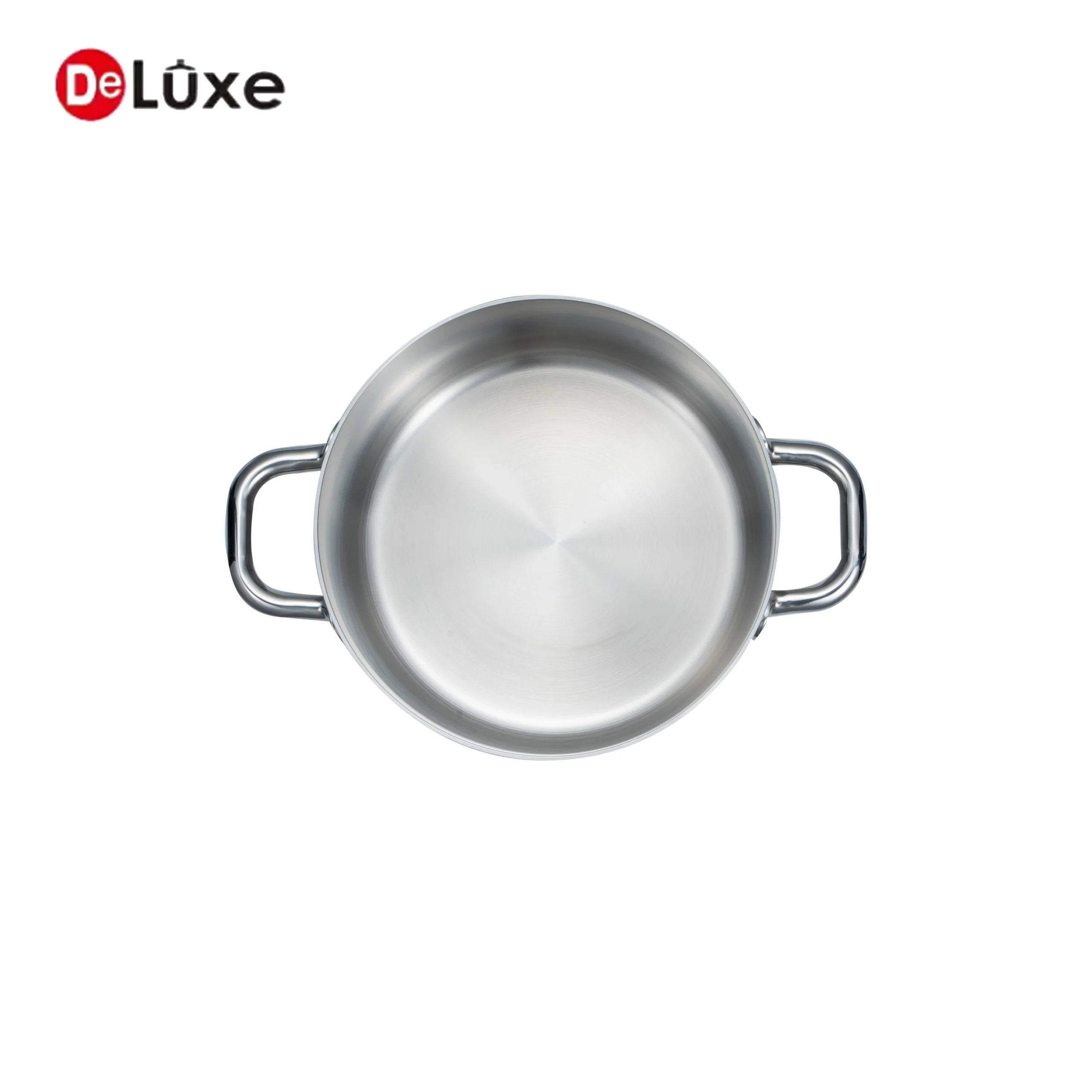 Deluxe top view of stainless steel double handle pot with polished interior base