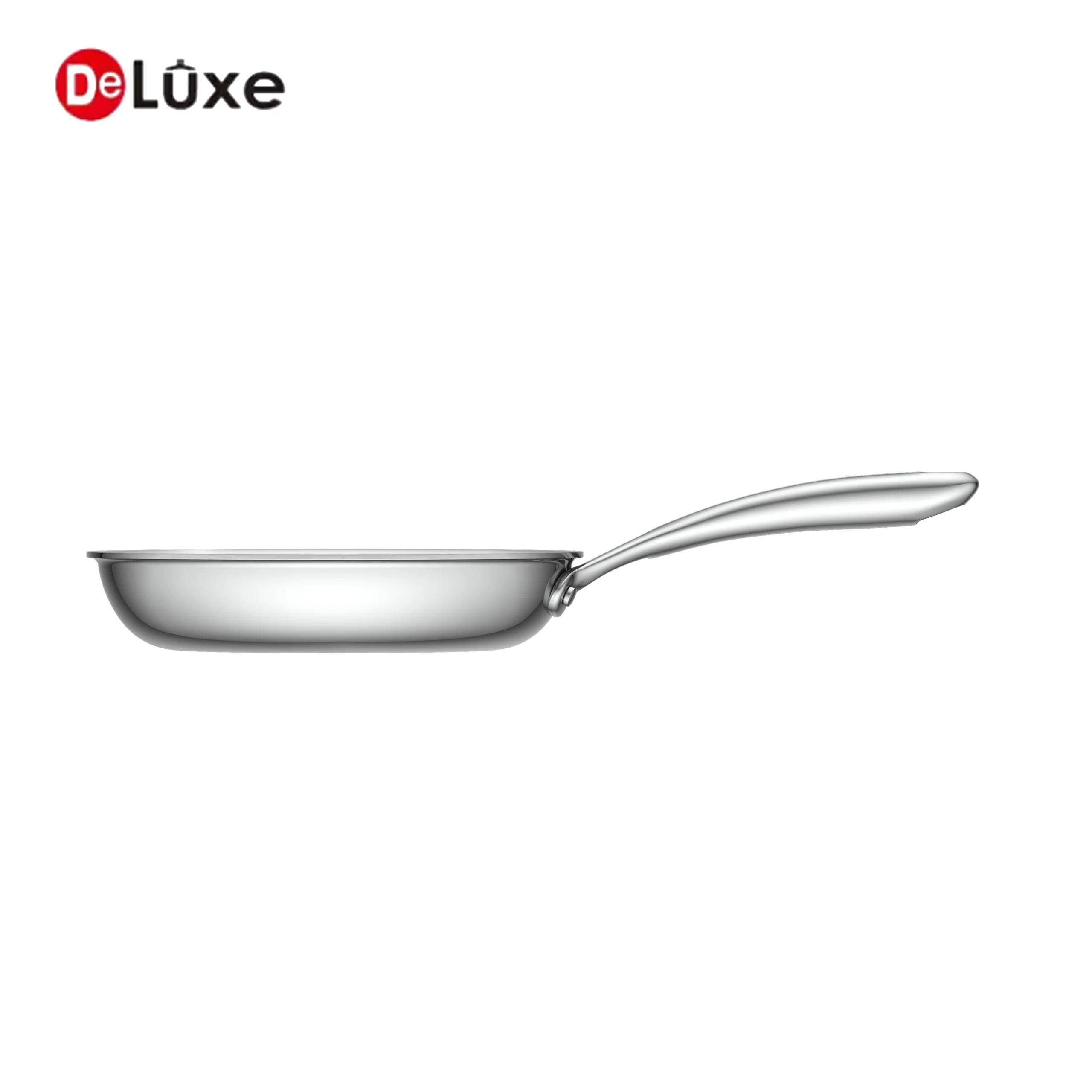 Deluxe composite stainless steel fry pan with sanded interior, hollow cast steel handle, side profile view