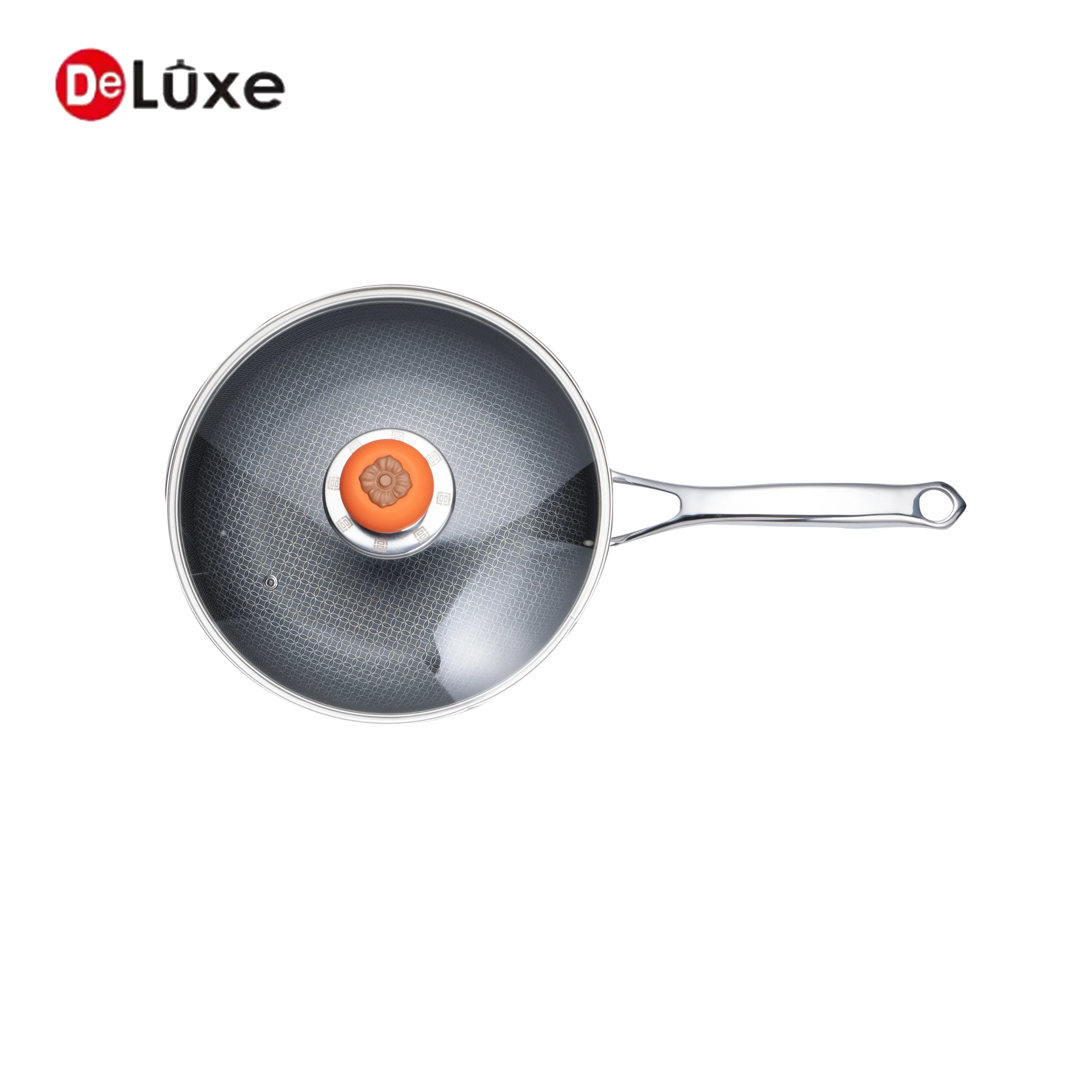 DeLuxe 3-layer composite stainless steel honeycomb non-stick wok pan with tempered glass lid, induction and gas stove compatible Chinese stir fry wok
