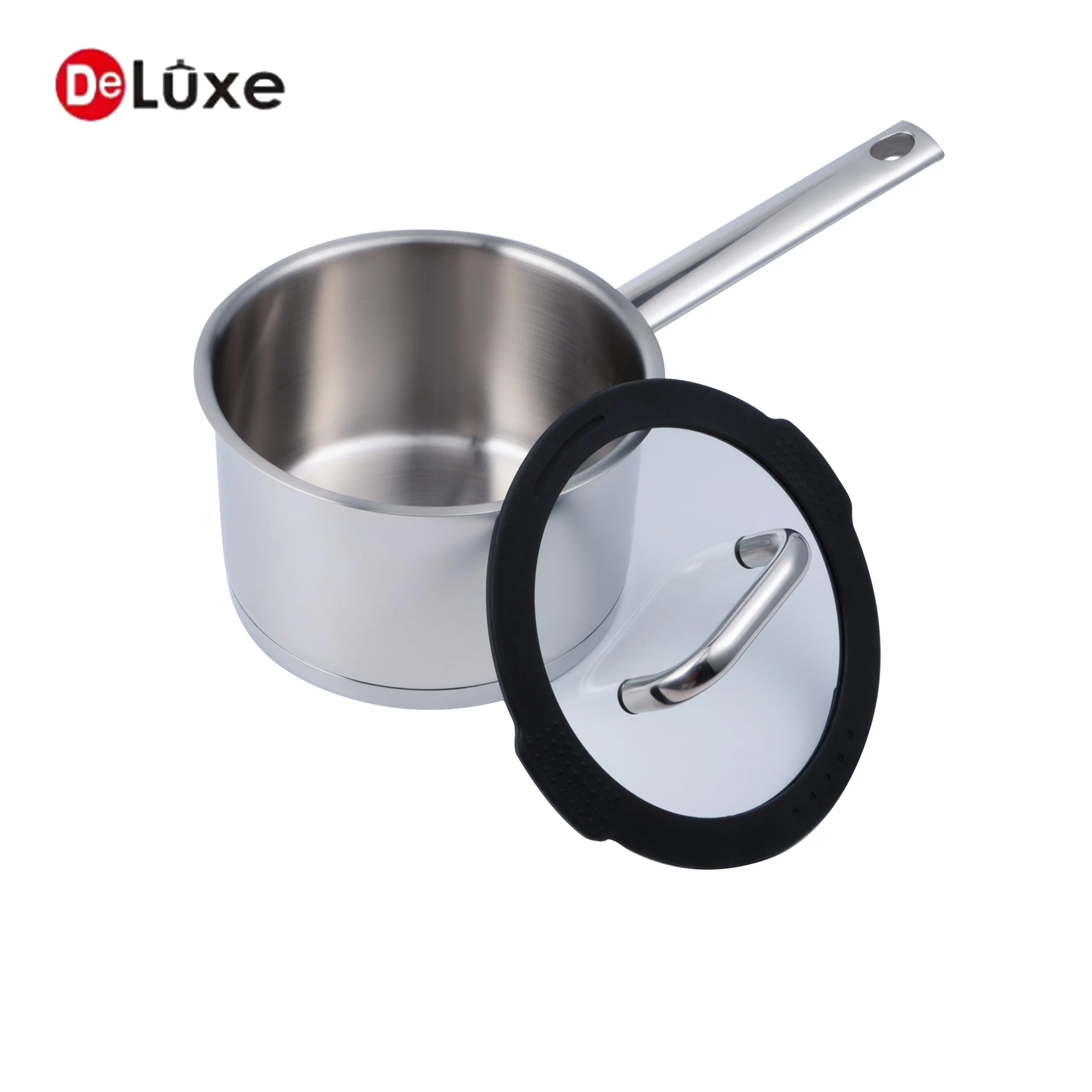 Deluxe stainless steel milk pot with black silicone glass lid for daily cooking