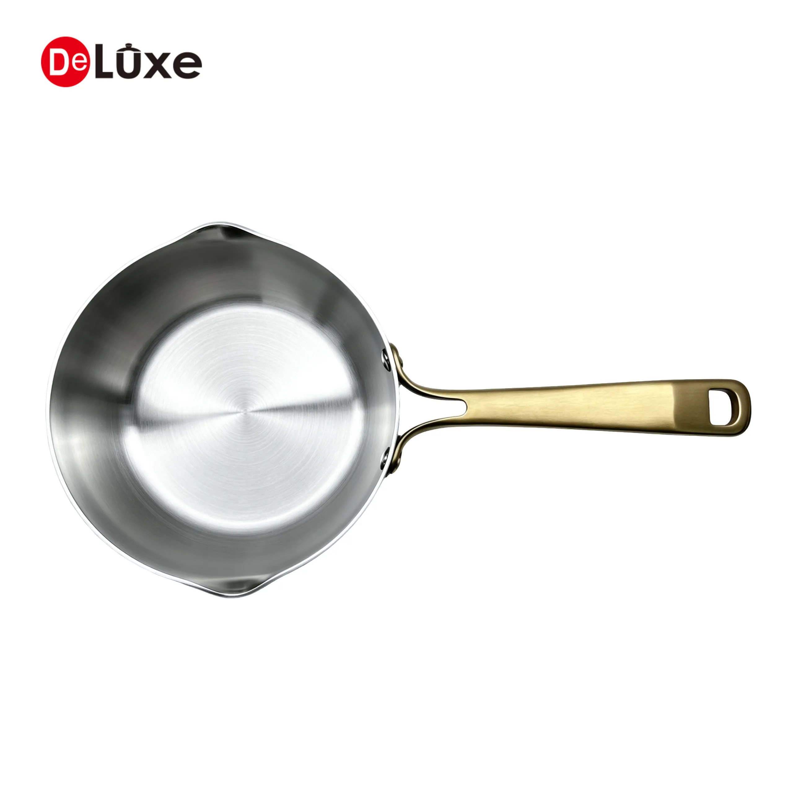 Top view of 3-ply stainless steel saucepan with PVD handle, no lid
