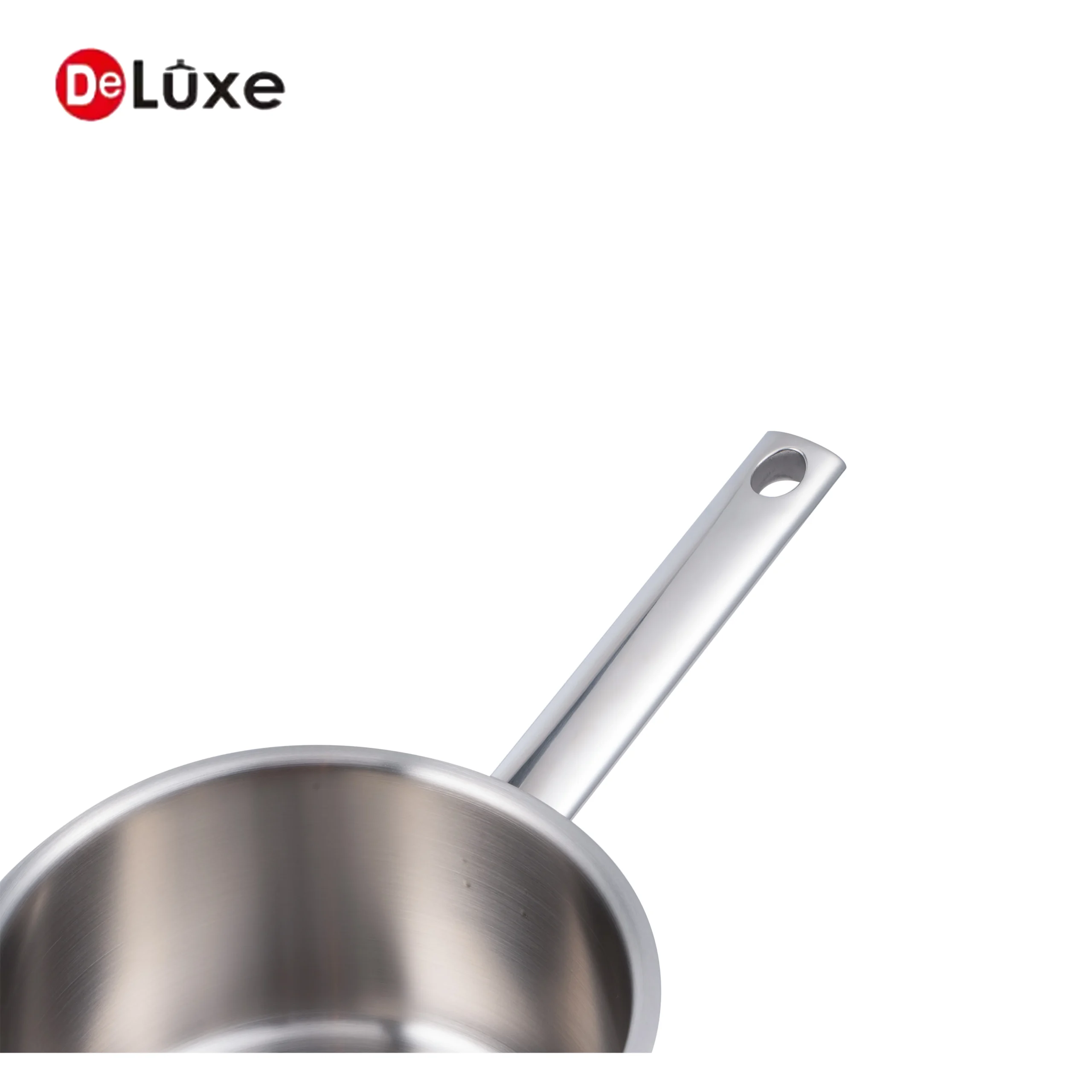 Deluxe stainless steel saucepan with round tube handle detail