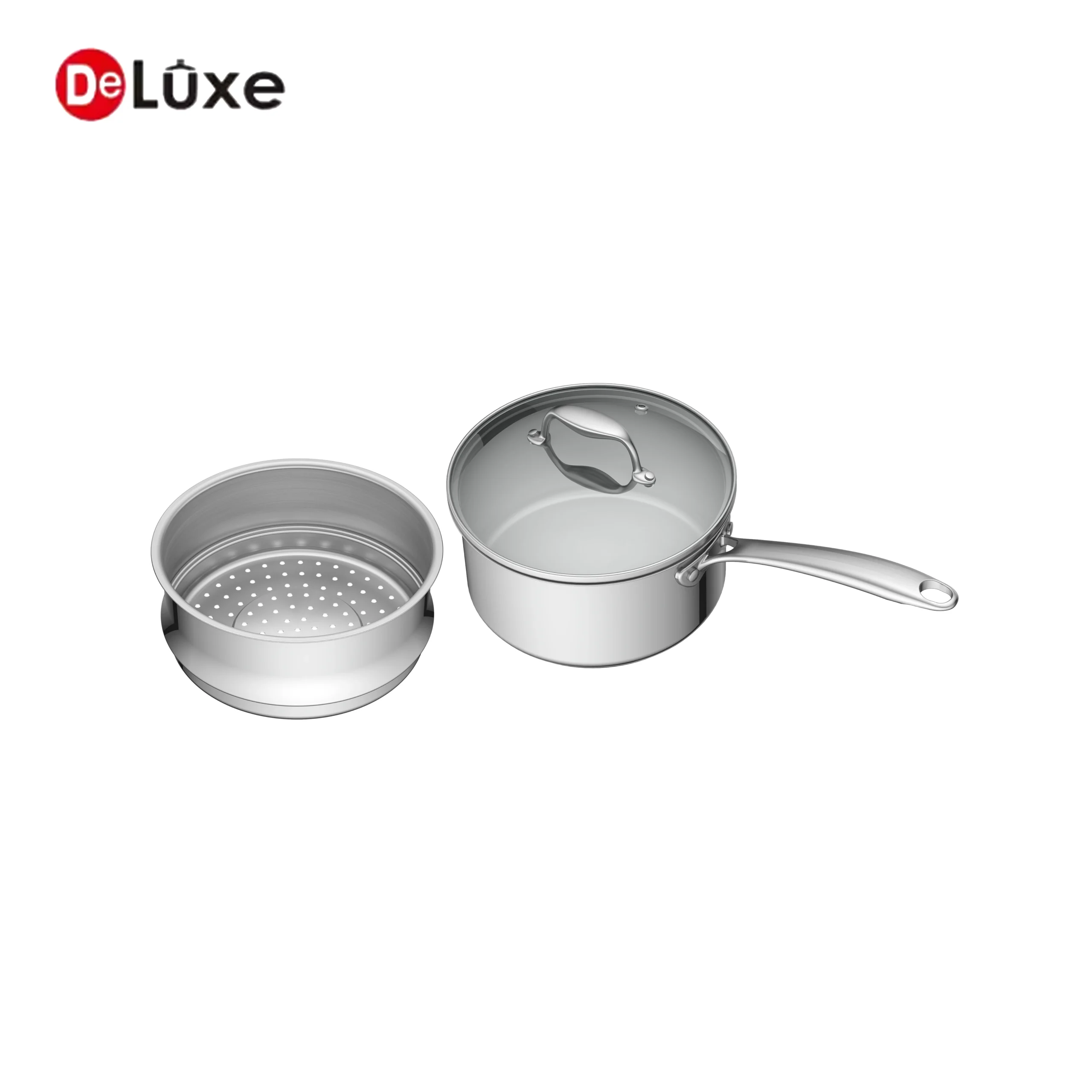 Deluxe saucepan and matching steamer basket separated display