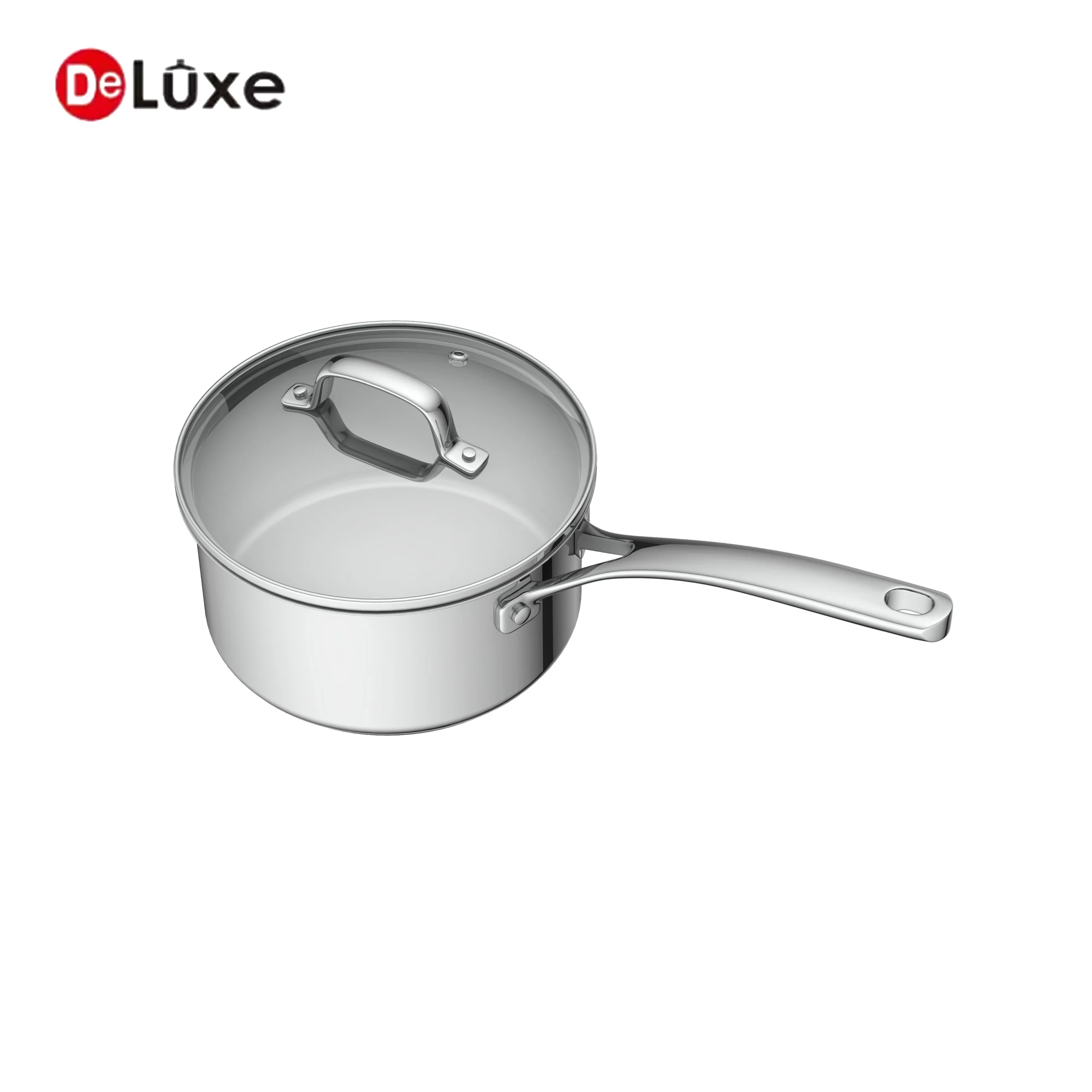 Deluxe stainless steel saucepan with glass lid and single handle for gas and induction cooking