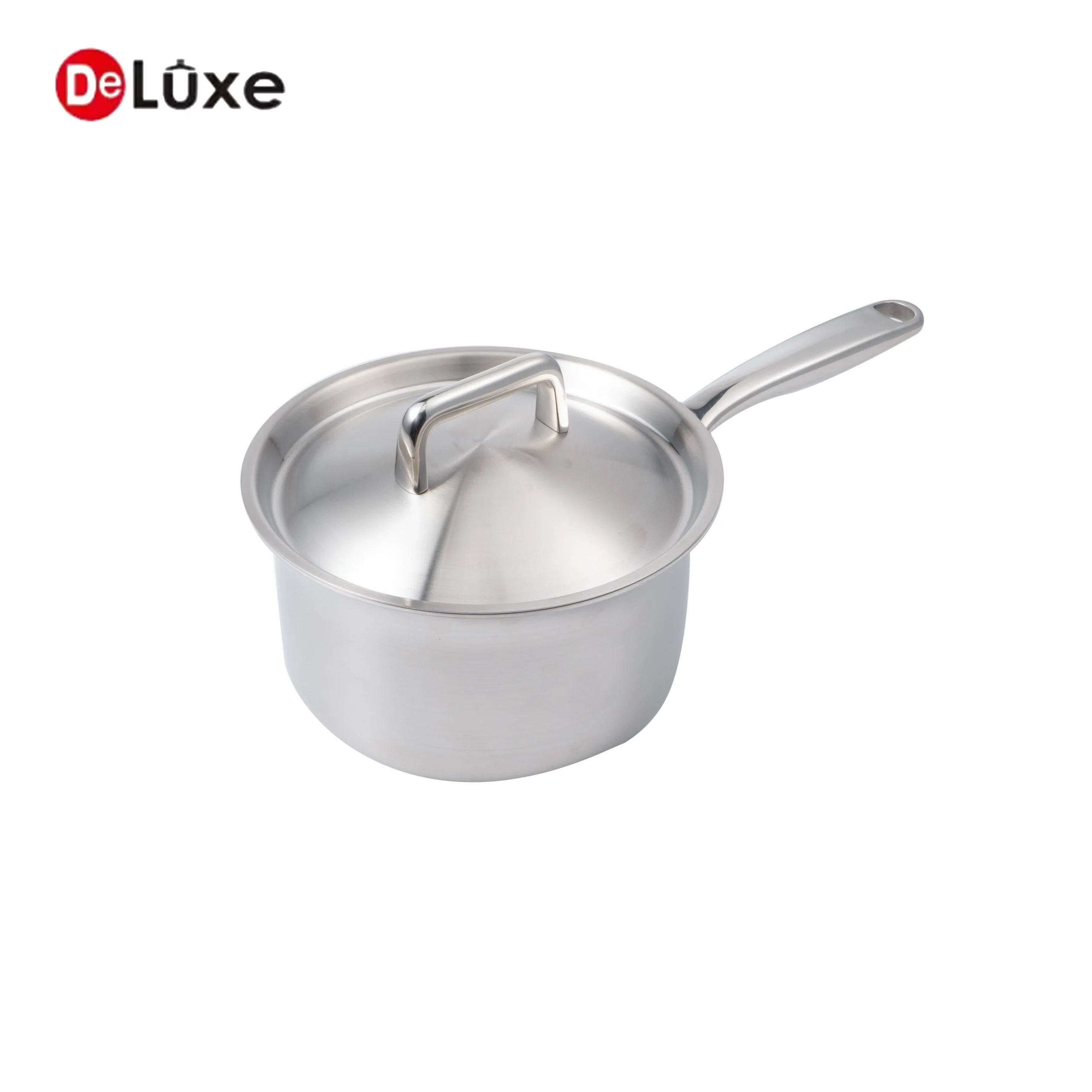 Deluxe stainless steel saucepan with long handle and steel lid for gas and induction cooktops
