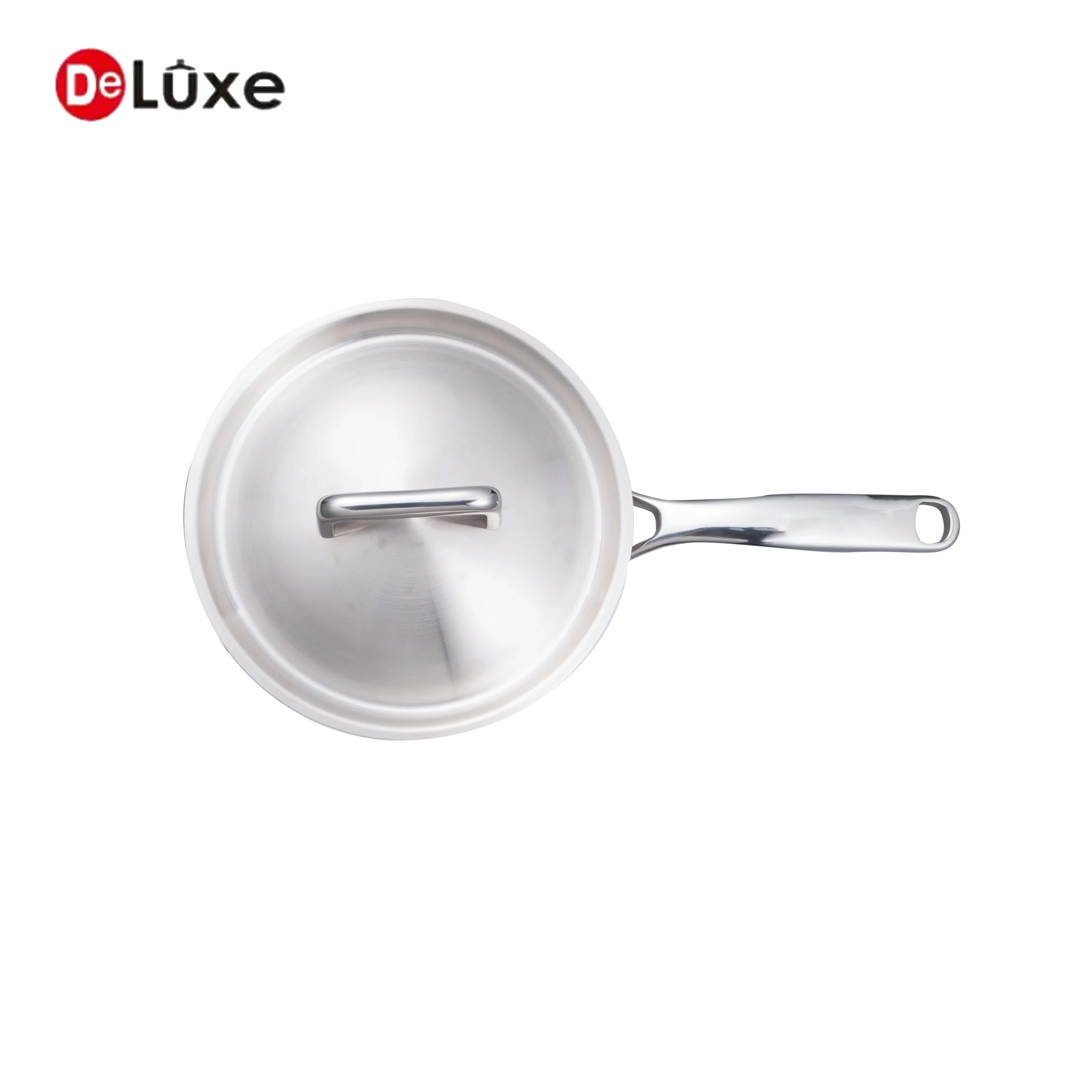 Deluxe top view of stainless steel saucepan with long handle and one-piece steel lid