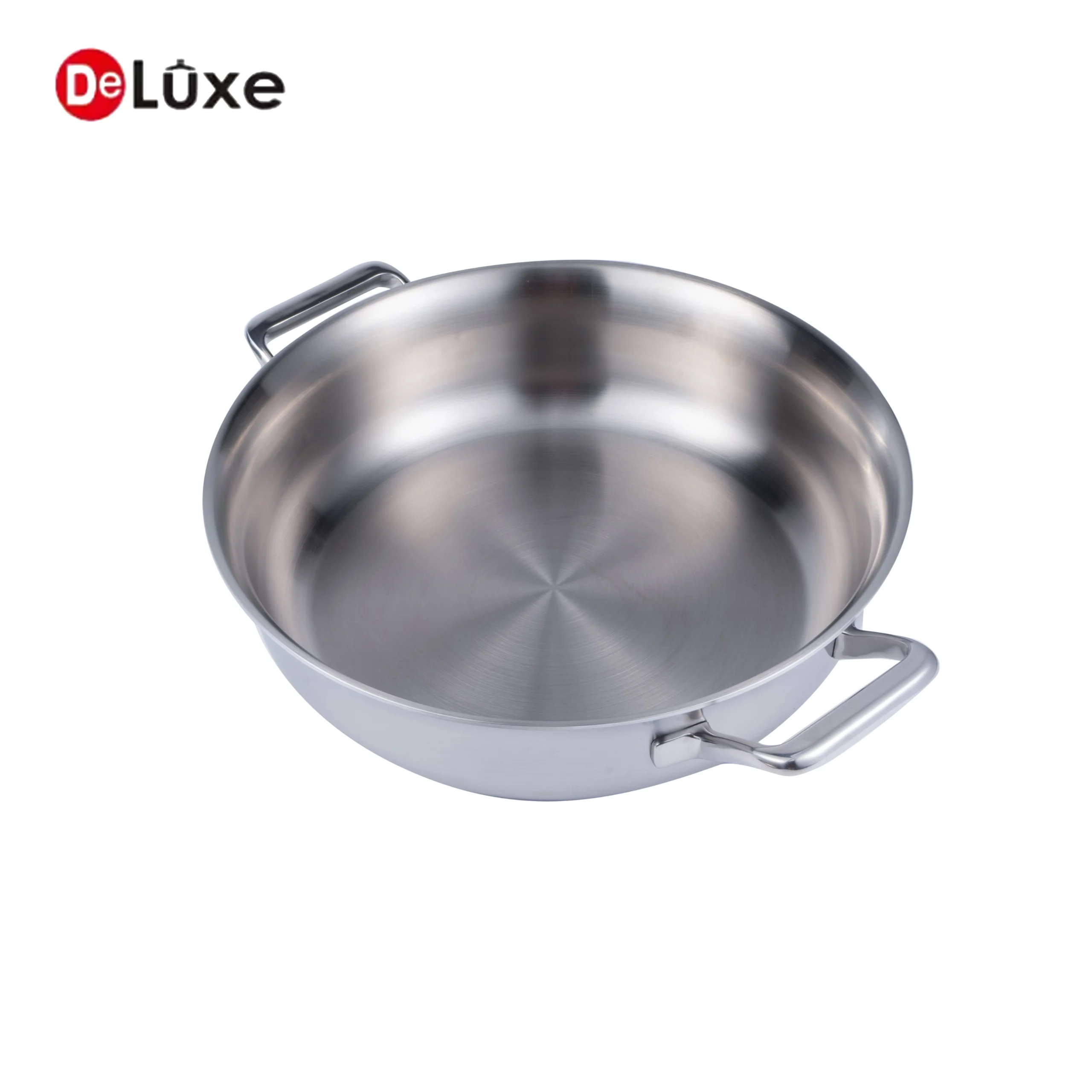 Deluxe stainless steel shallow frying pan with double handles and polished interior base