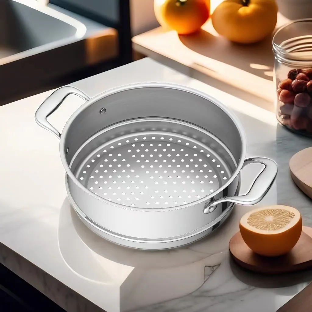 Deluxe stainless steel steamer pot with removable steamer basket in a modern kitchen