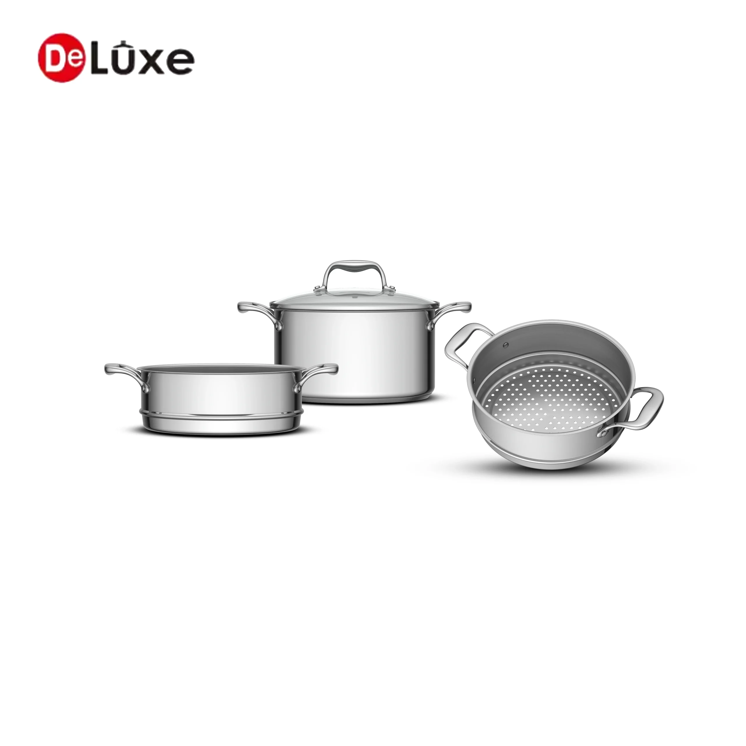 Deluxe stainless steel steamer pot set with glass lid and steamer basket
