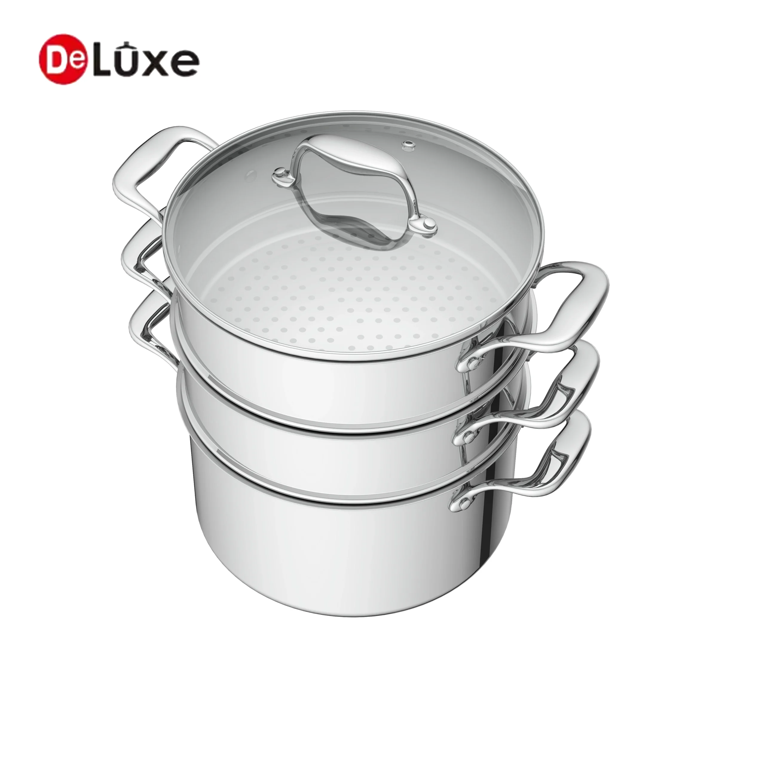 Deluxe straight body steamer pot set with glass lid and matching perforated steamer basket