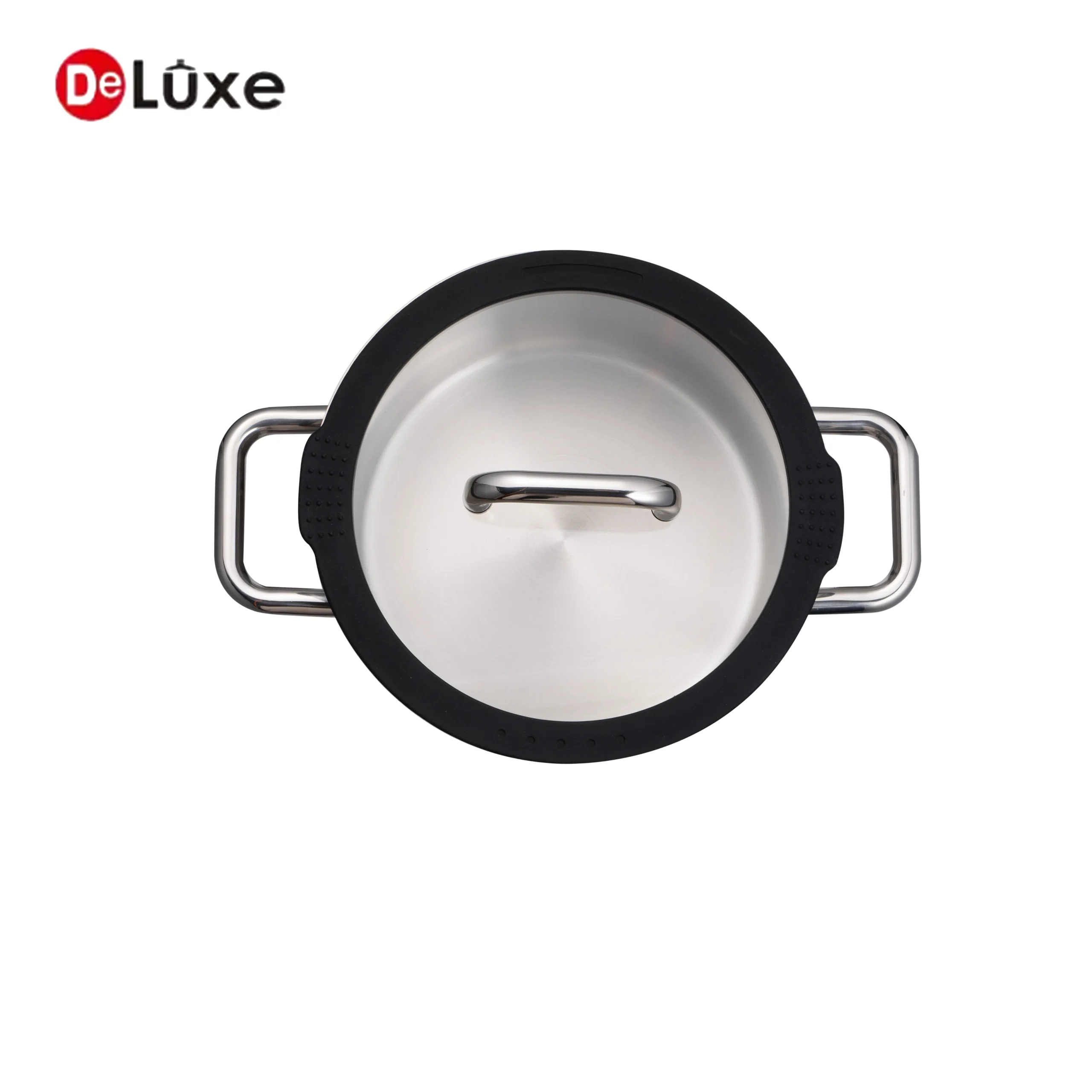 Top view of Deluxe 304 stainless steel stock pot with black silicone cover lid