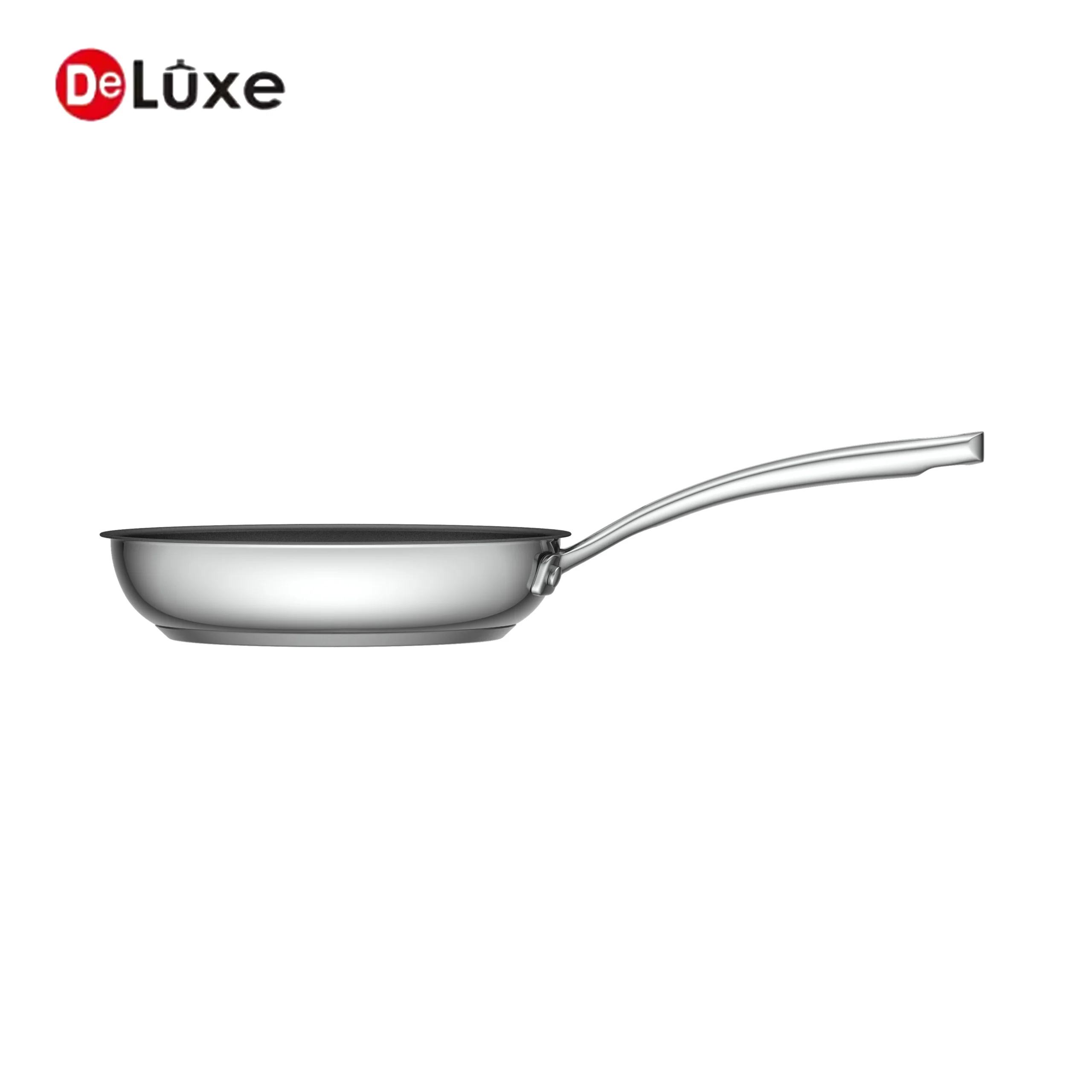 Deluxe side view of stainless steel straight frying pan with long handle