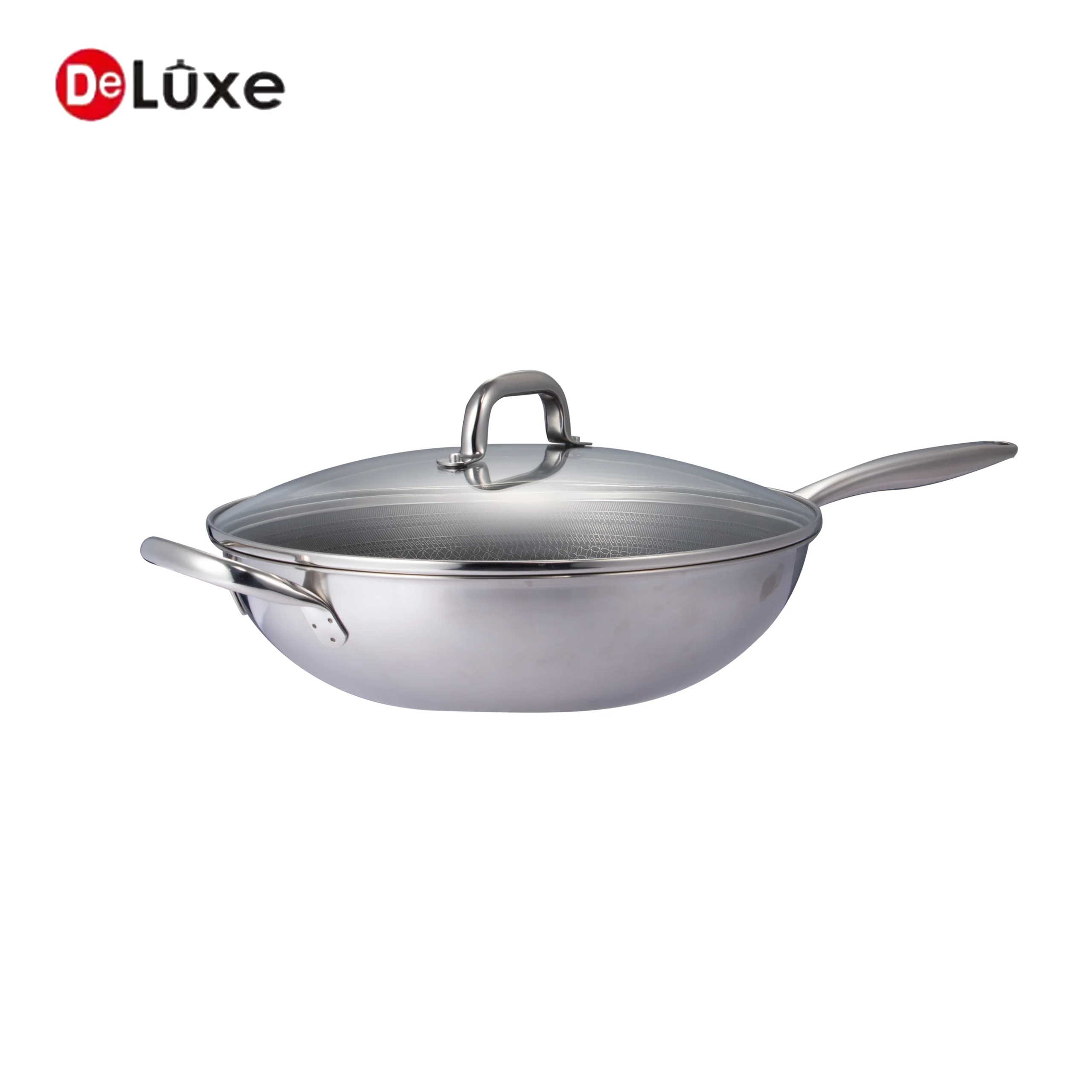 Complete Deluxe stir fry wok equipped with high arc tempered glass lid