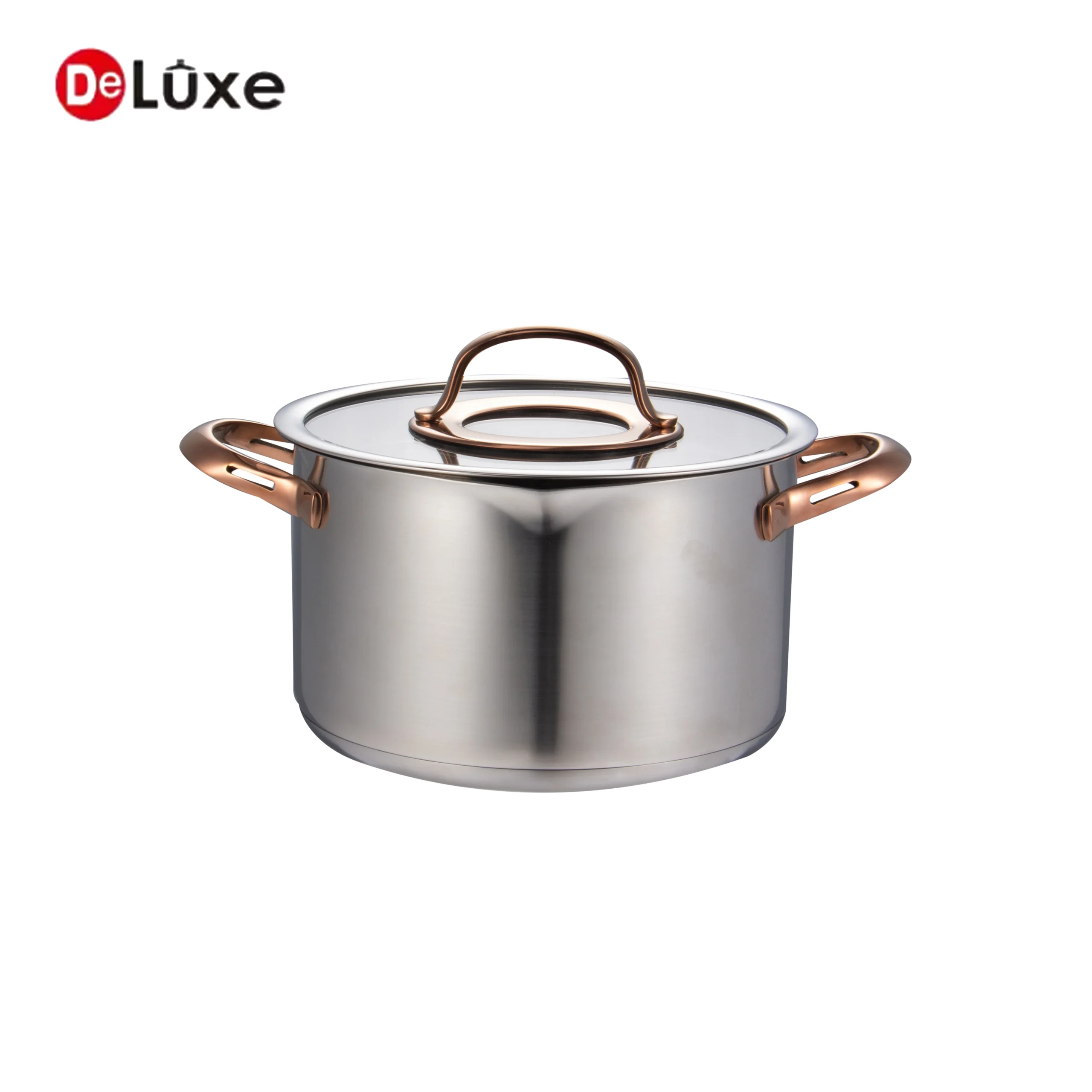 Deluxe stainless steel tall stock pot with rose gold PVD double handles & combination glass lid