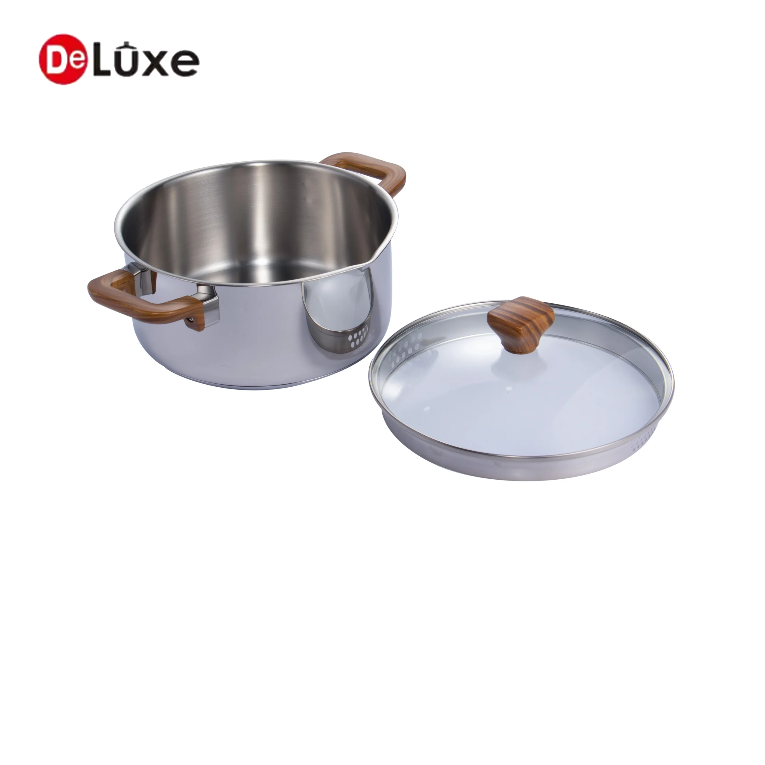 Deluxe stainless steel stock pot, removable tempered glass lid separated beside cookware