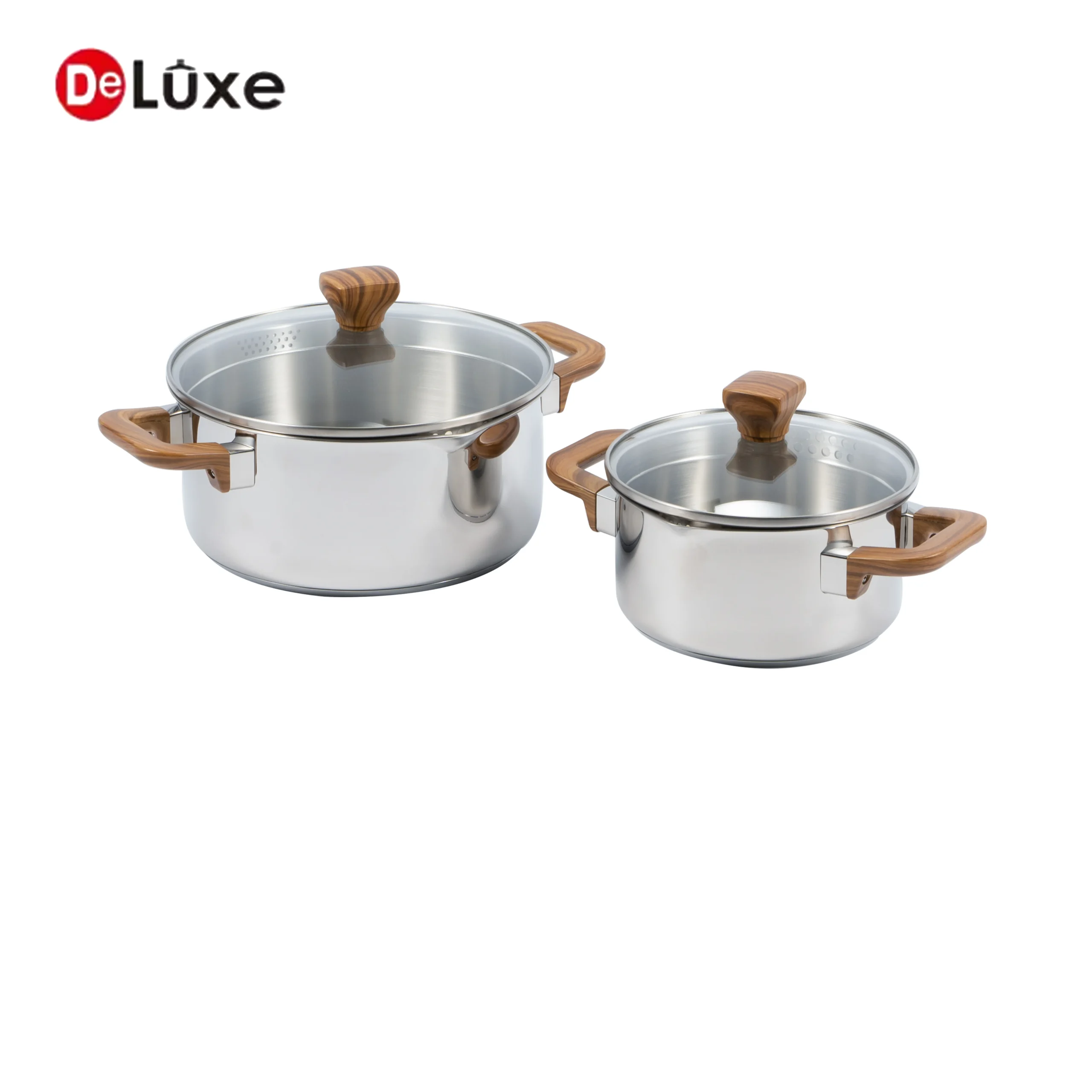 Deluxe stainless steel stock pot set, two sizes cookware combo with wood grain handles & glass lids