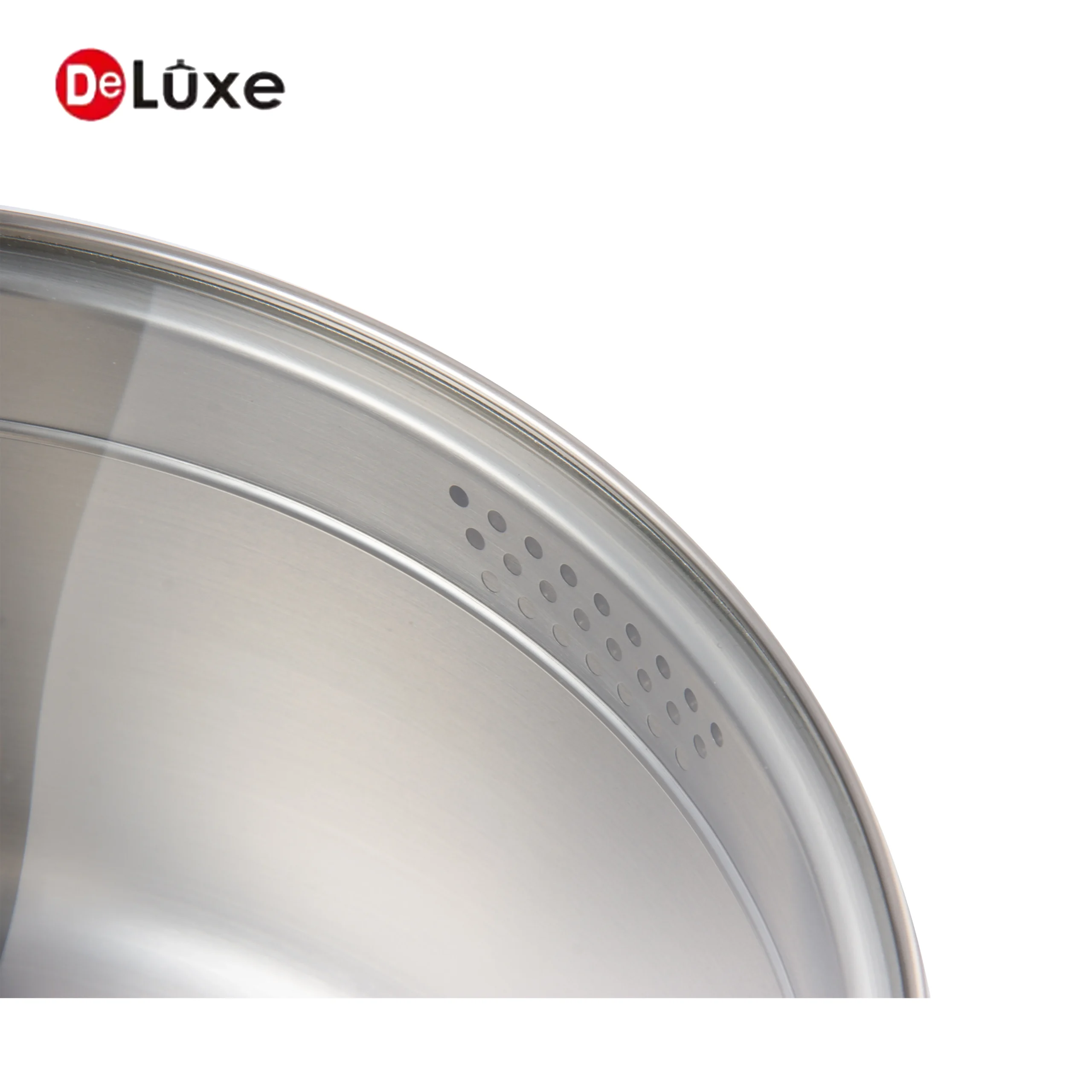 Close-up of smooth rolled rim edge of Deluxe stainless steel cooking stock pot